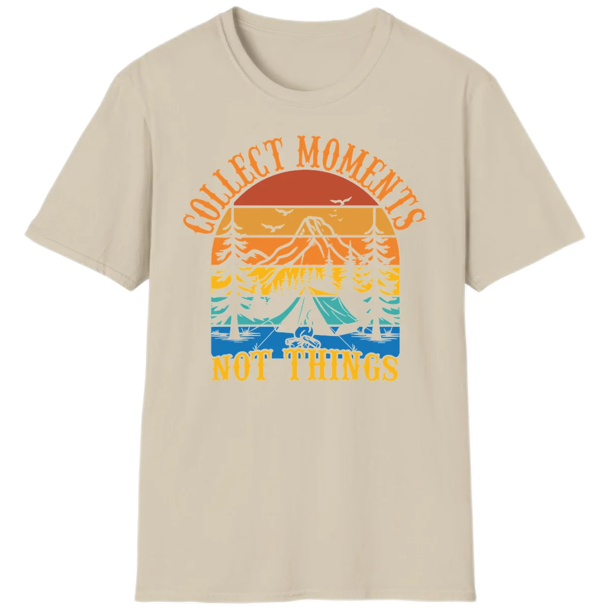 Retro layered landscape showing sunset, mountains, forest, tent and campfire with 'Quiet Mornings Not Things' text in Sand