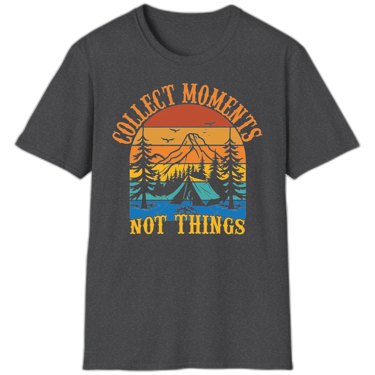 Retro layered landscape showing sunset, mountains, forest, tent and campfire with 'Quiet Mornings Not Things' text in Dark Heather