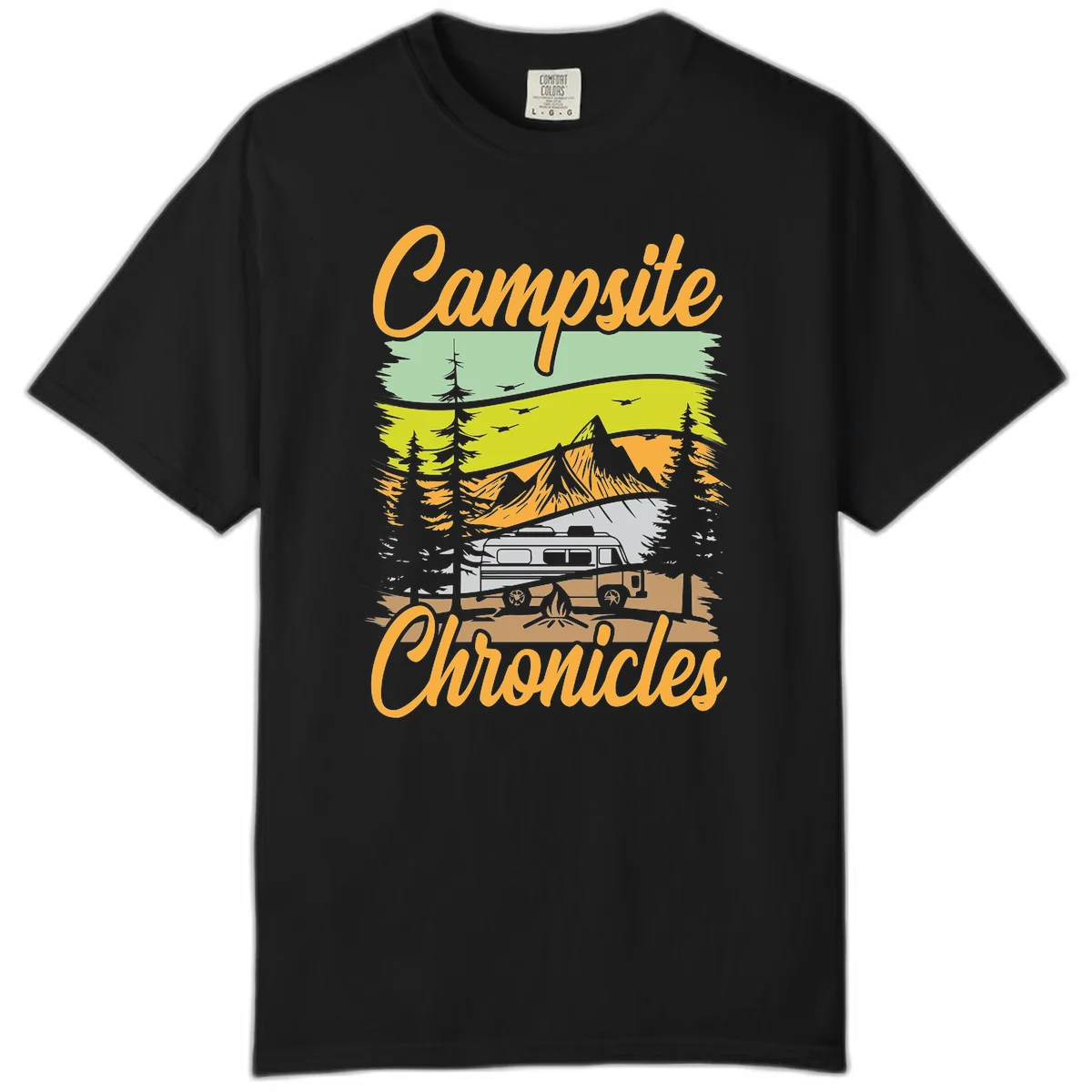 Retro layered landscape illustration with campsite chronicles camping van, mountains, forest, and campfire in warm earth tones. in Black