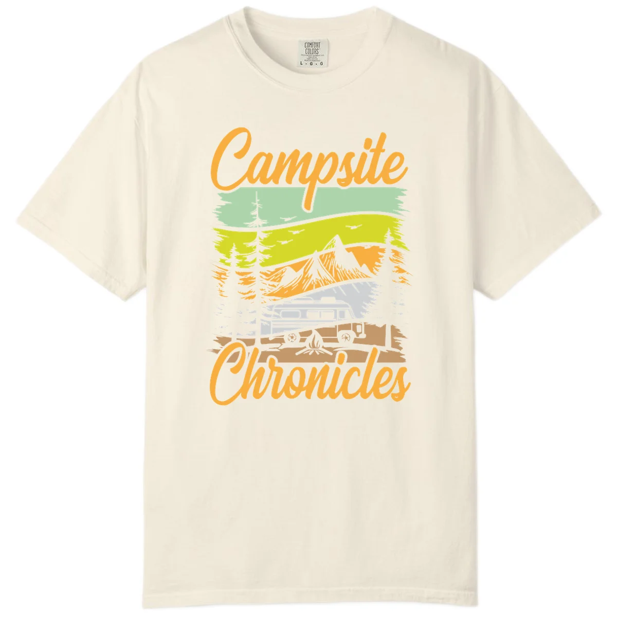 Retro layered landscape illustration with campsite chronicles camping van, mountains, forest, and campfire in warm earth tones. in Ivory