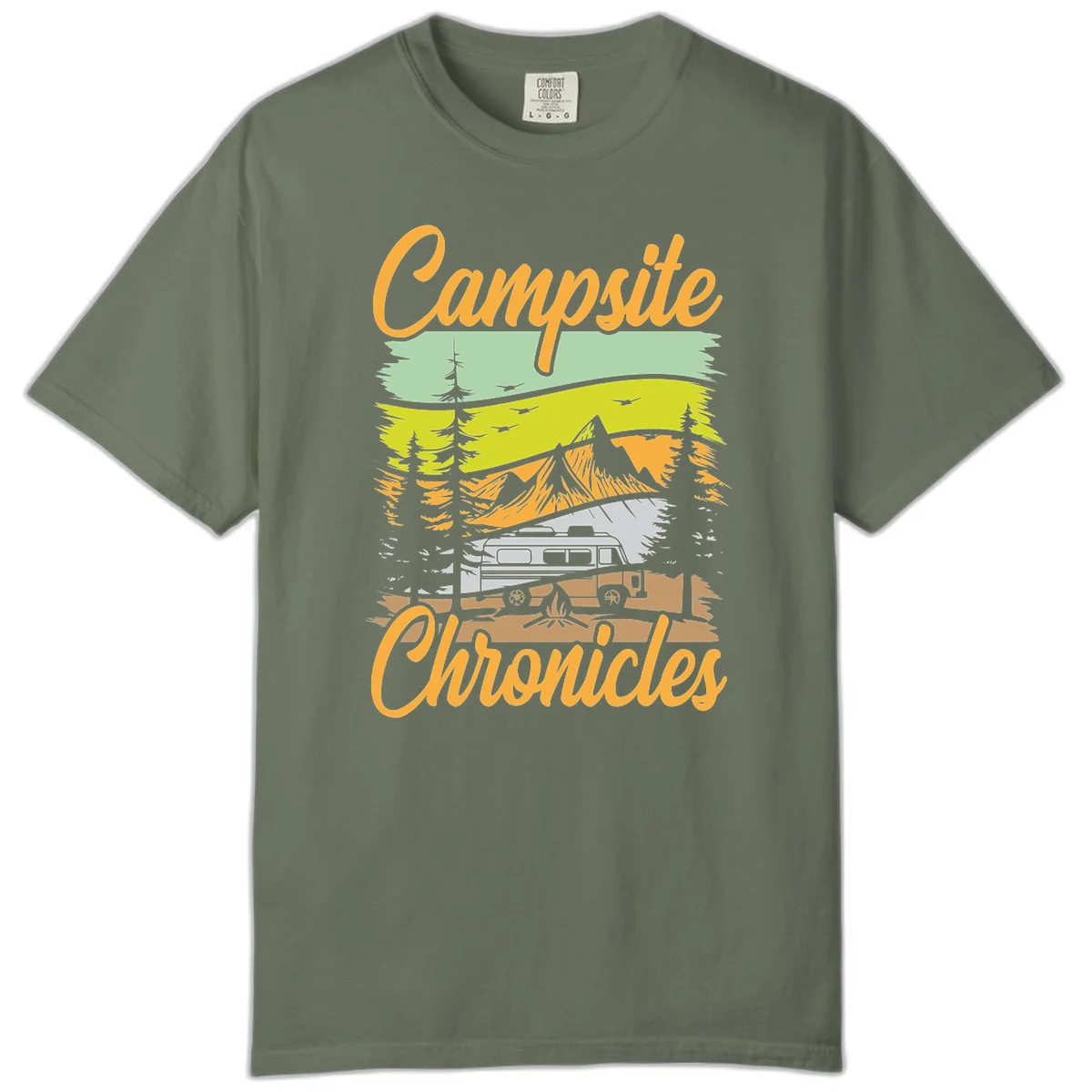 Retro layered landscape illustration with campsite chronicles camping van, mountains, forest, and campfire in warm earth tones. in Moss