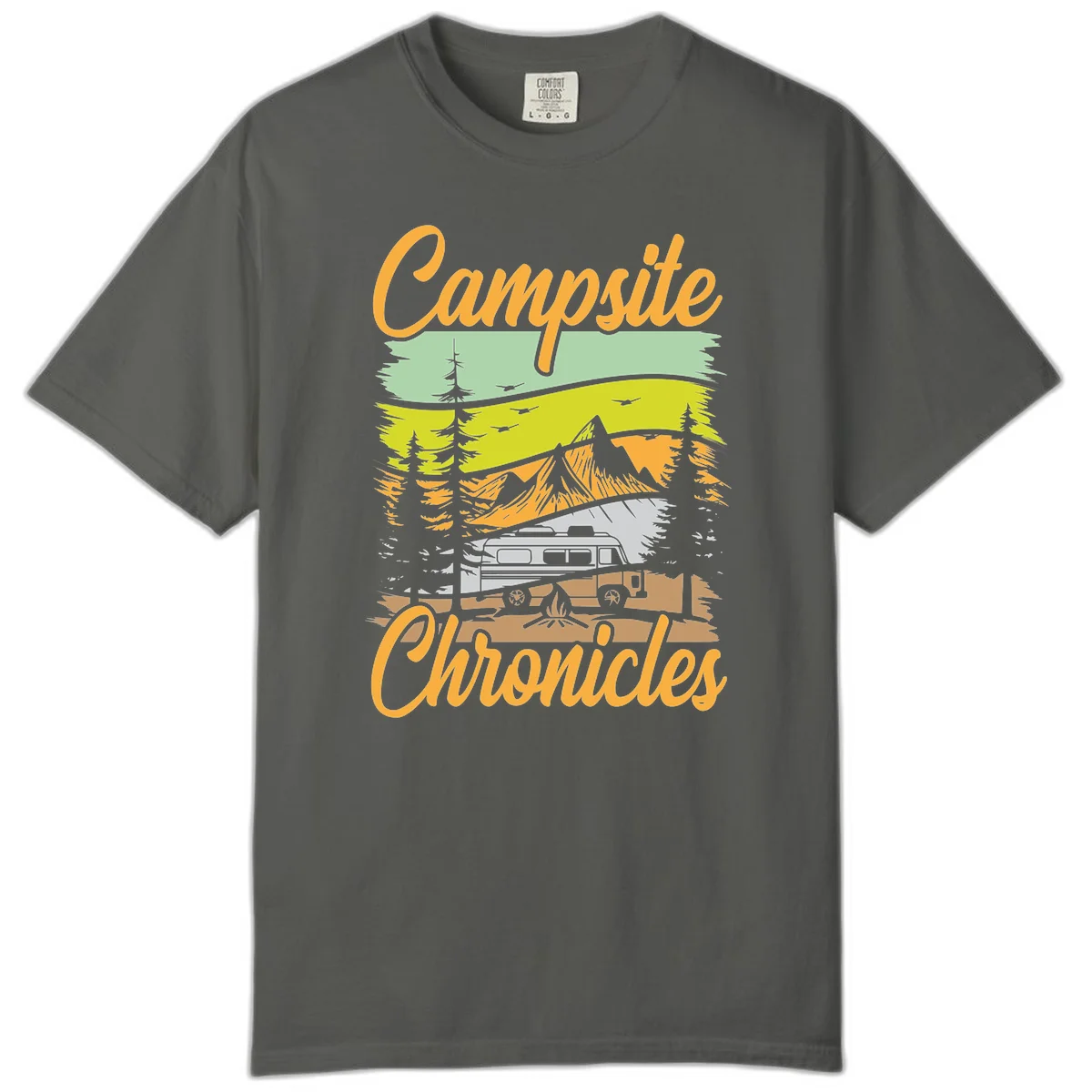 Retro layered landscape illustration with campsite chronicles camping van, mountains, forest, and campfire in warm earth tones. in Pepper