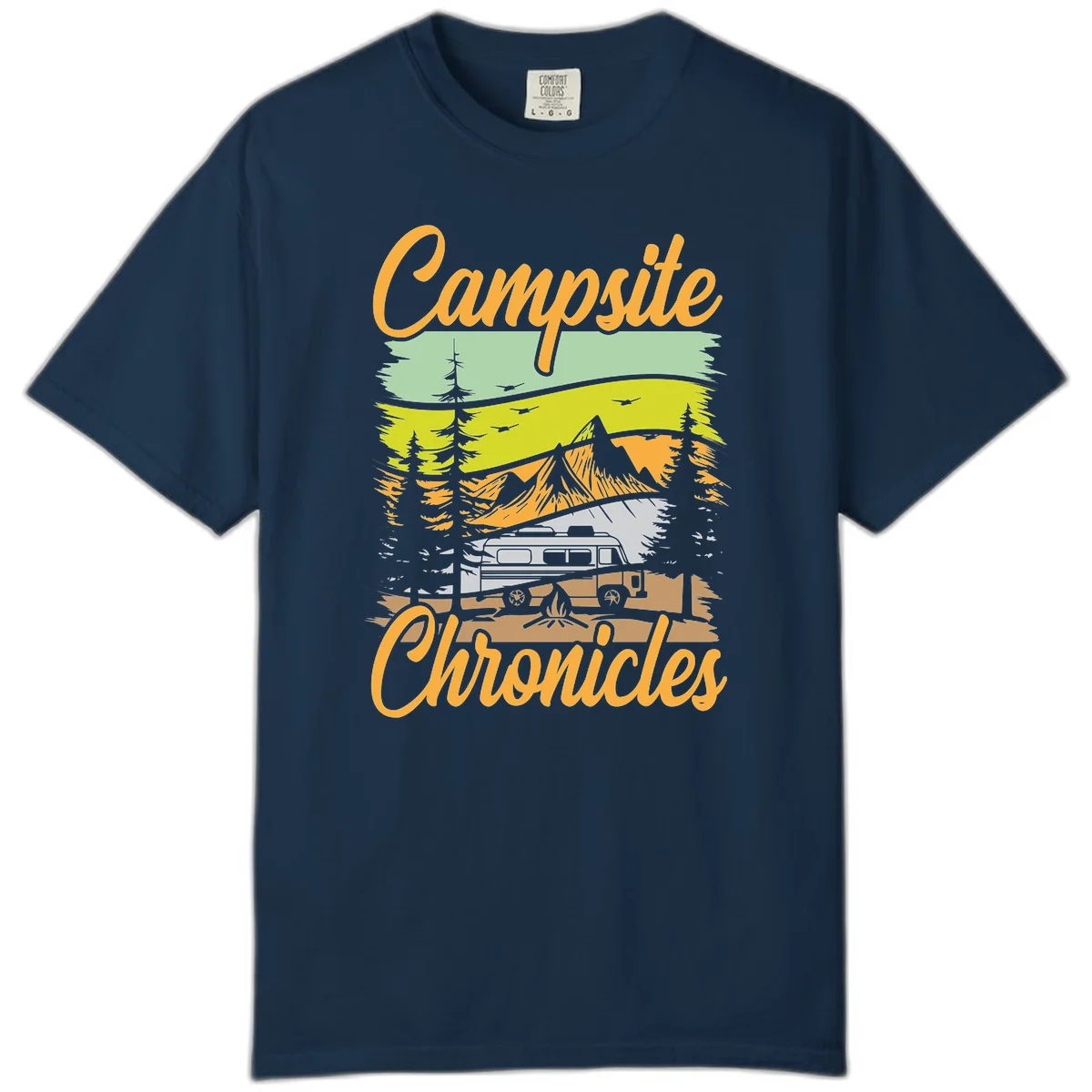 Retro layered landscape illustration with campsite chronicles camping van, mountains, forest, and campfire in warm earth tones. in True Navy