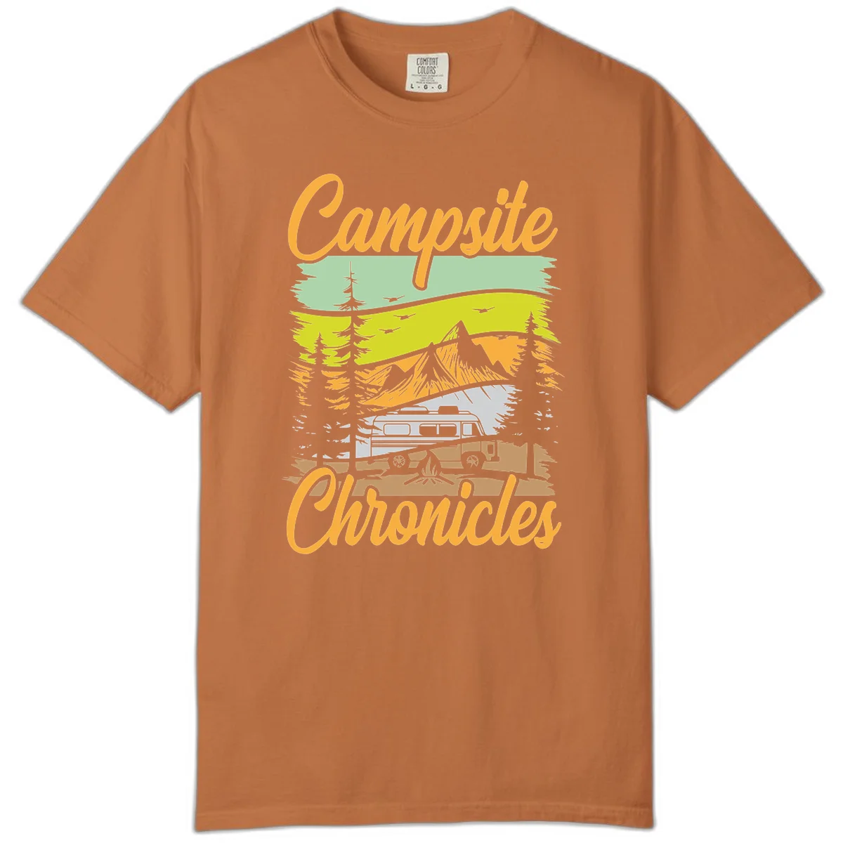 Retro layered landscape illustration with campsite chronicles camping van, mountains, forest, and campfire in warm earth tones. in Yam