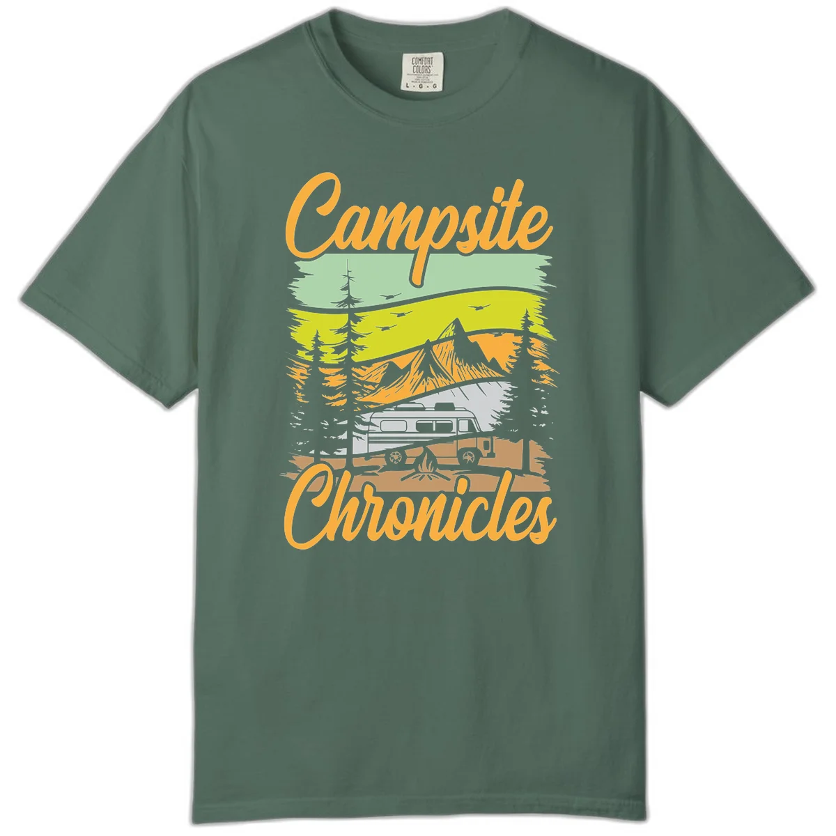 Retro layered landscape illustration with campsite chronicles camping van, mountains, forest, and campfire in warm earth tones. in Blue Spruce