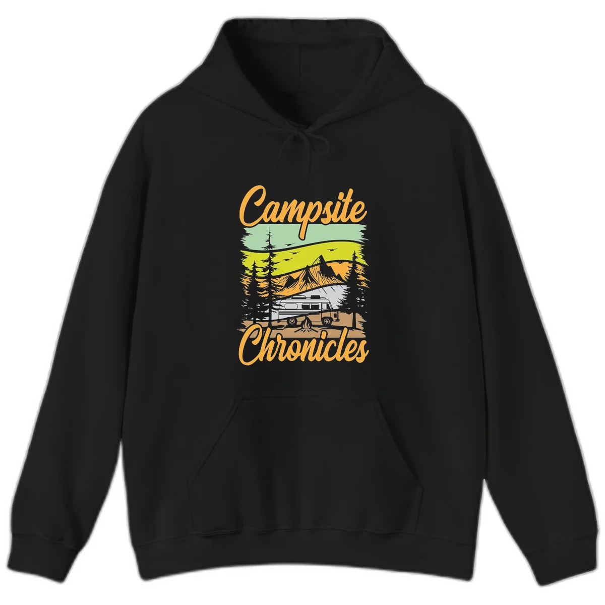Retro layered landscape illustration with campsite chronicles camping van, mountains, forest, and campfire in warm earth tones. in Black