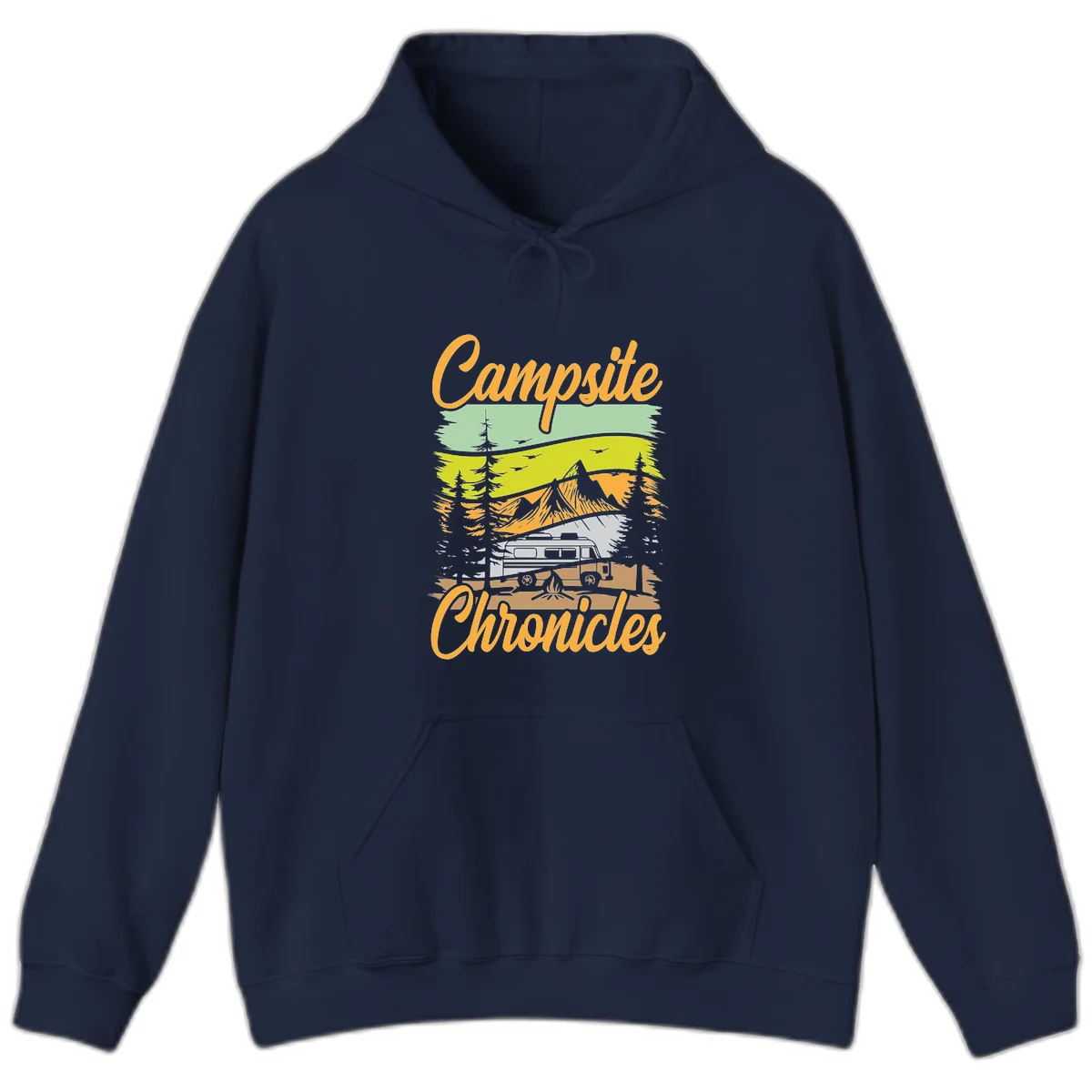 Retro layered landscape illustration with campsite chronicles camping van, mountains, forest, and campfire in warm earth tones. in Navy