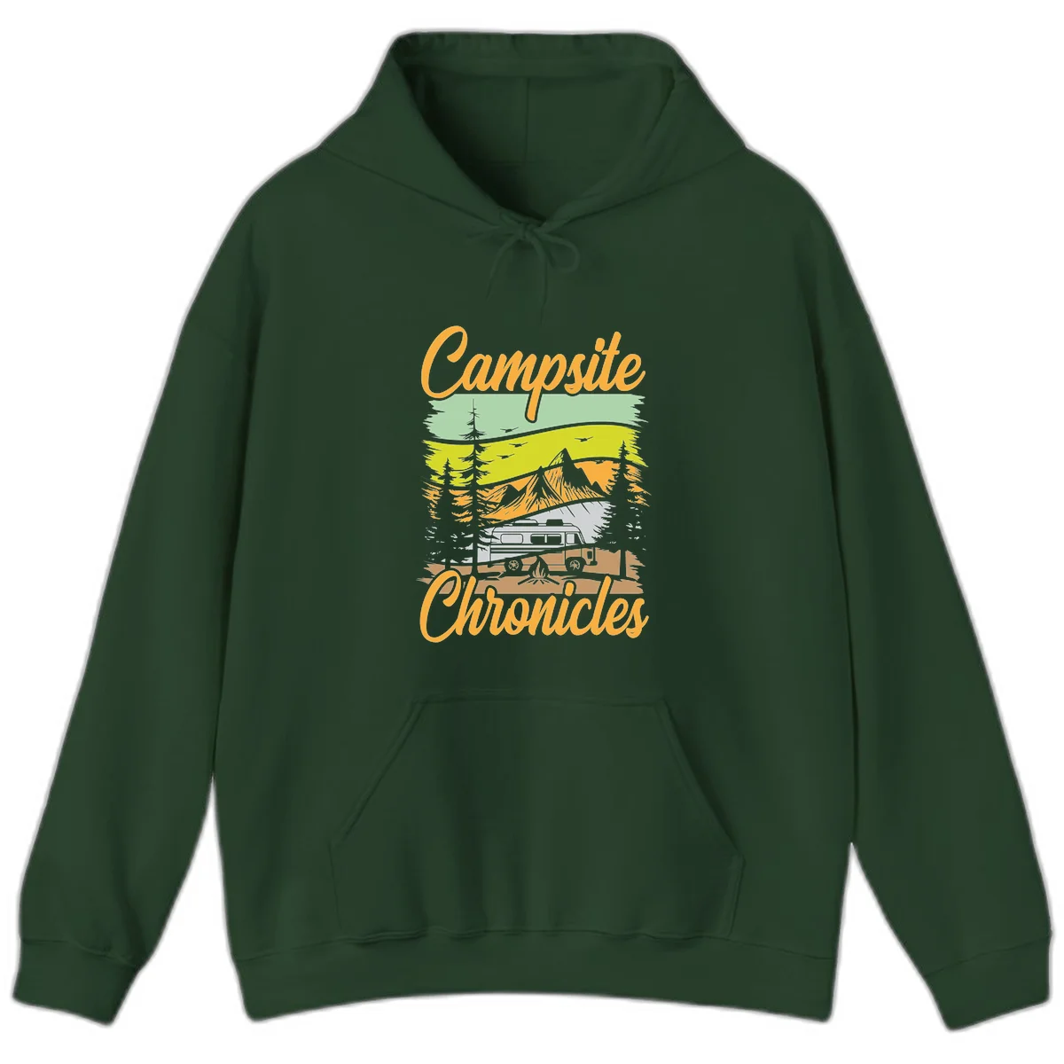 Retro layered landscape illustration with campsite chronicles camping van, mountains, forest, and campfire in warm earth tones. in Forest Green
