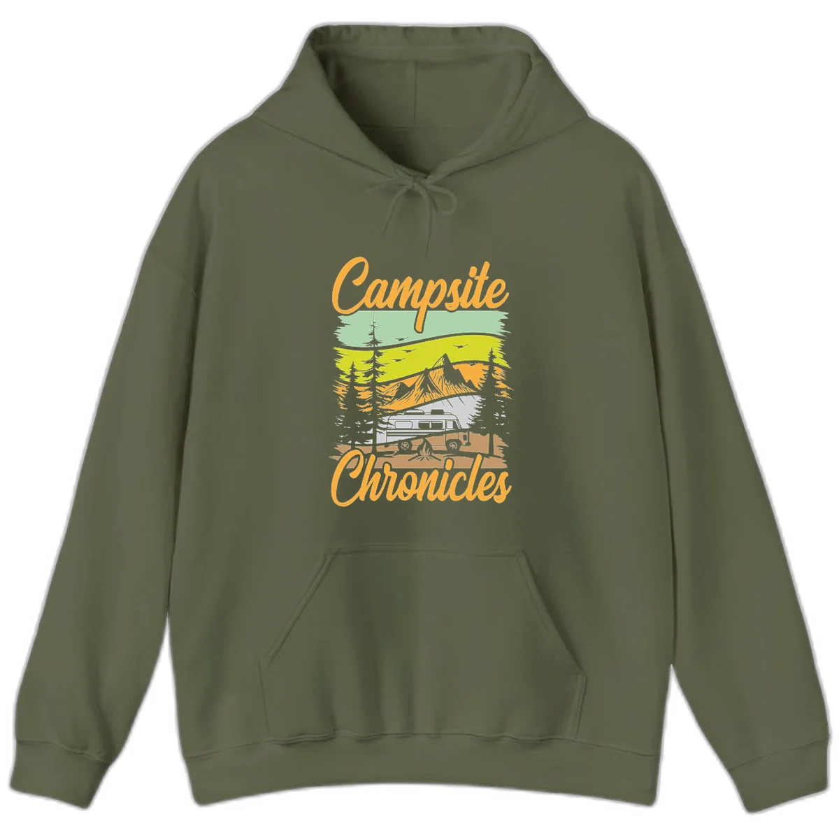 Retro layered landscape illustration with campsite chronicles camping van, mountains, forest, and campfire in warm earth tones. in Military Green