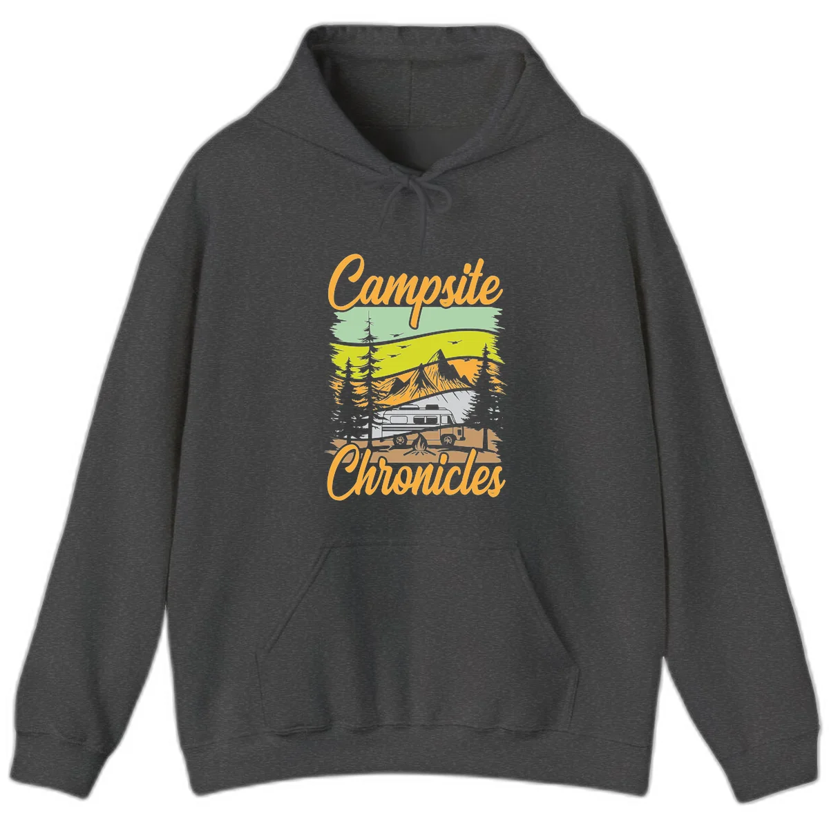 Retro layered landscape illustration with campsite chronicles camping van, mountains, forest, and campfire in warm earth tones. in Dark Heather