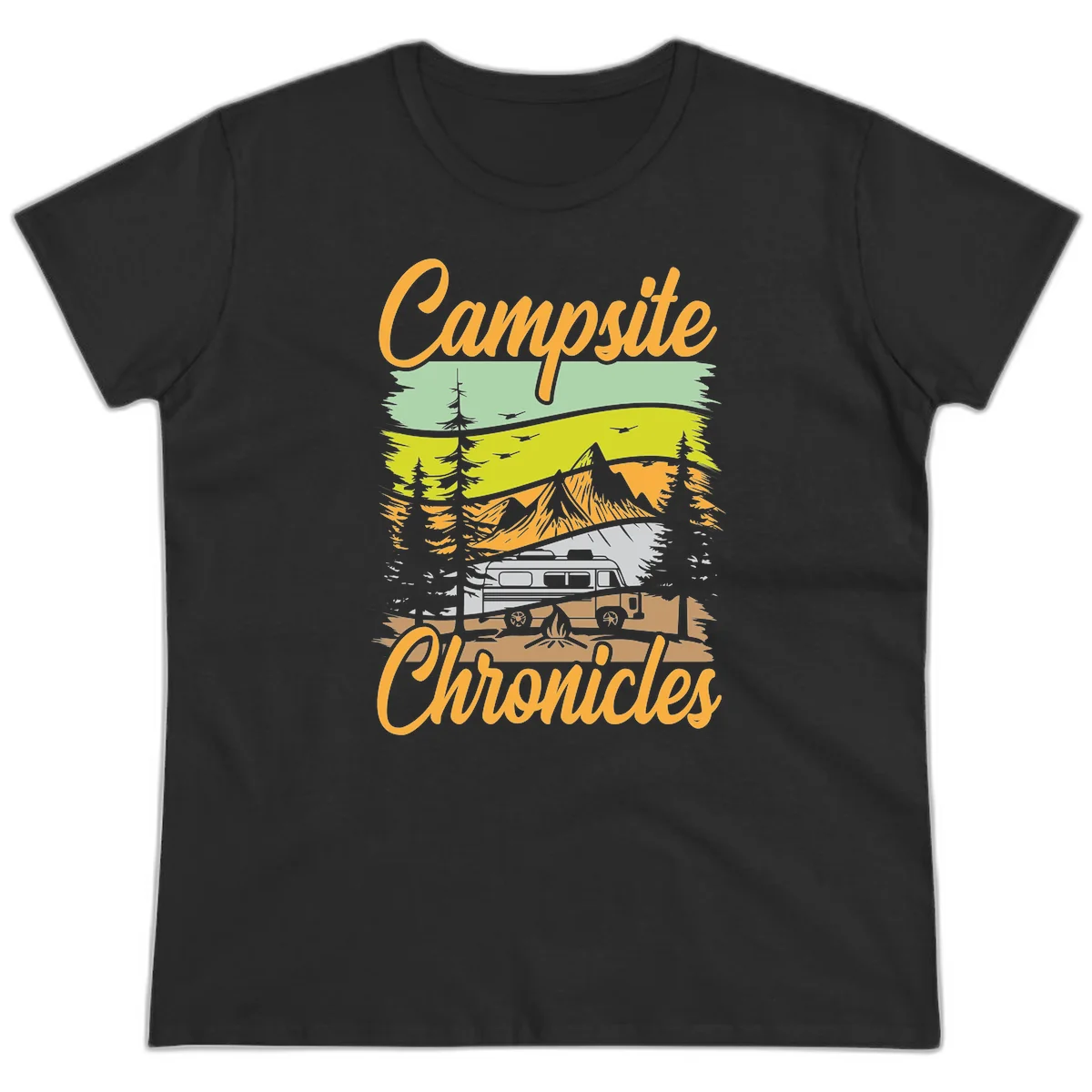 Retro layered landscape illustration with campsite chronicles camping van, mountains, forest, and campfire in warm earth tones. in Black