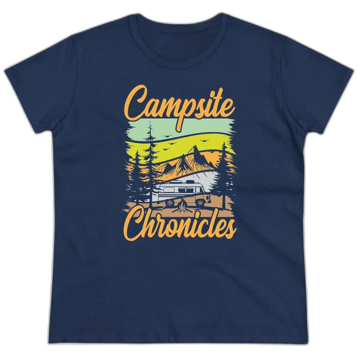 Retro layered landscape illustration with campsite chronicles camping van, mountains, forest, and campfire in warm earth tones. in Navy