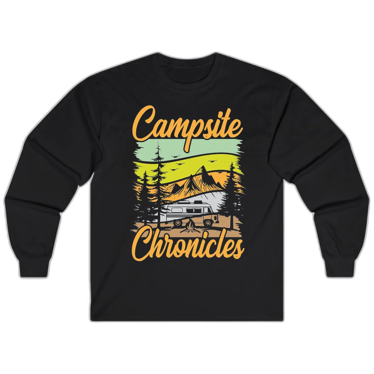 Retro layered landscape illustration with campsite chronicles camping van, mountains, forest, and campfire in warm earth tones. in Black