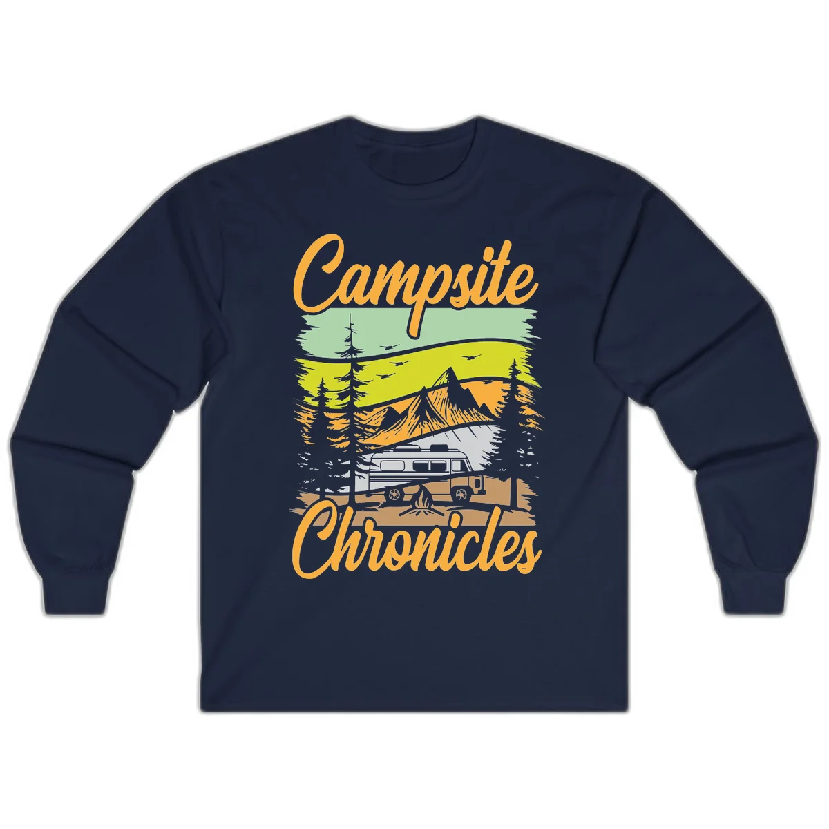 Retro layered landscape illustration with campsite chronicles camping van, mountains, forest, and campfire in warm earth tones. in Navy