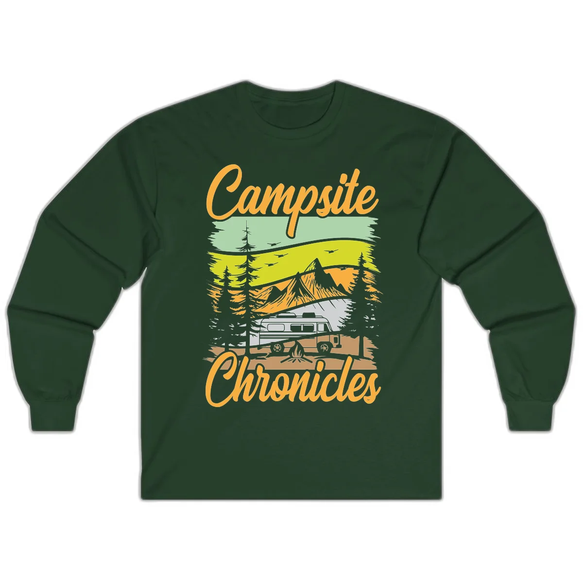 Retro layered landscape illustration with campsite chronicles camping van, mountains, forest, and campfire in warm earth tones. in Forest Green