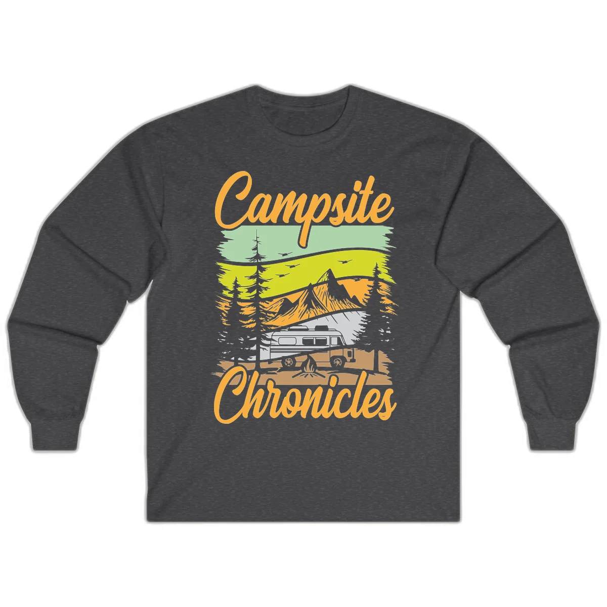 Retro layered landscape illustration with campsite chronicles camping van, mountains, forest, and campfire in warm earth tones. in Dark Heather