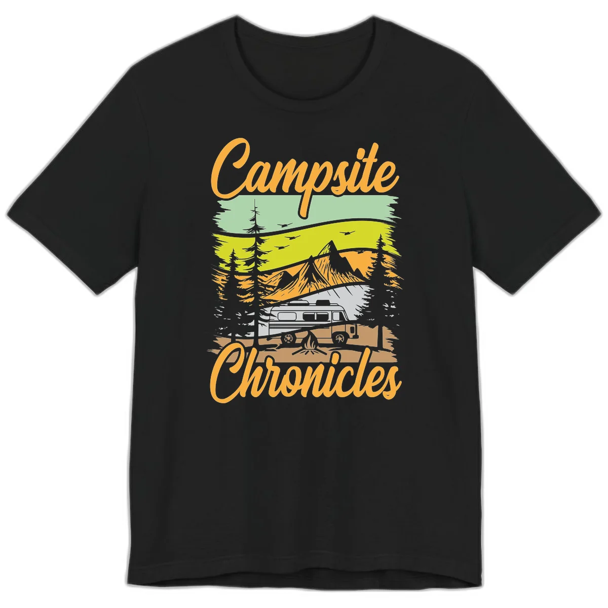 Retro layered landscape illustration with campsite chronicles camping van, mountains, forest, and campfire in warm earth tones. in Black