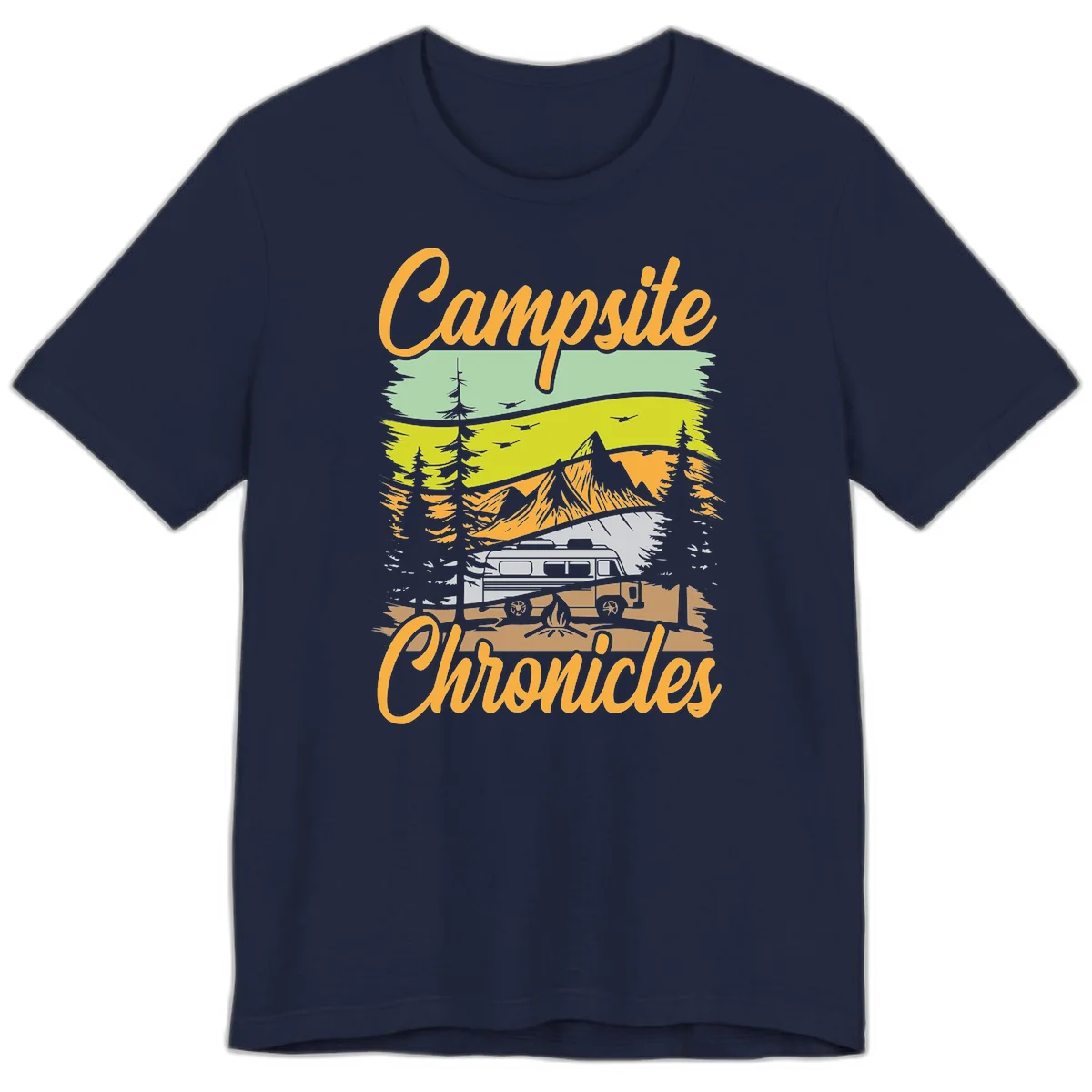Retro layered landscape illustration with campsite chronicles camping van, mountains, forest, and campfire in warm earth tones. in Navy
