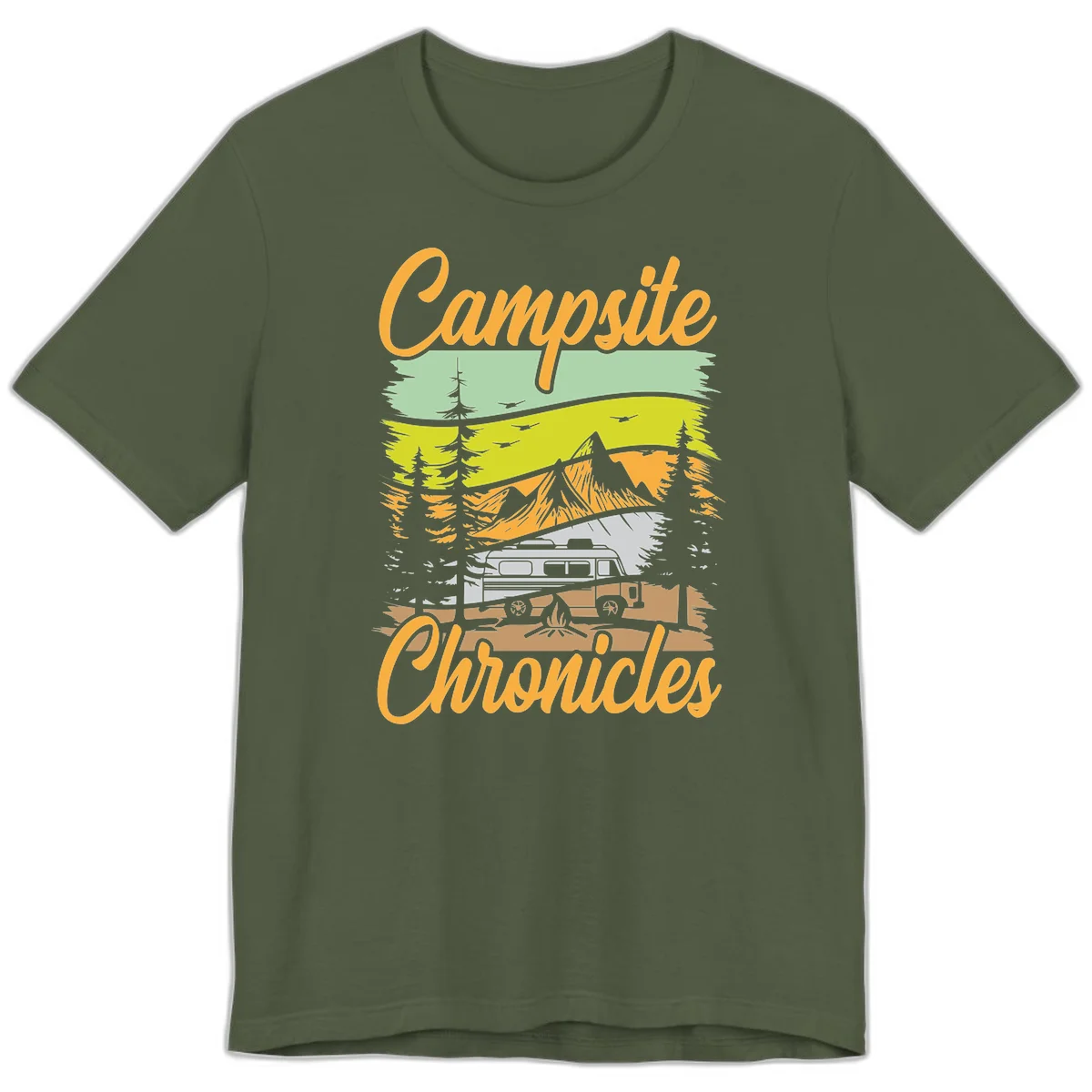 Retro layered landscape illustration with campsite chronicles camping van, mountains, forest, and campfire in warm earth tones. in Military Green