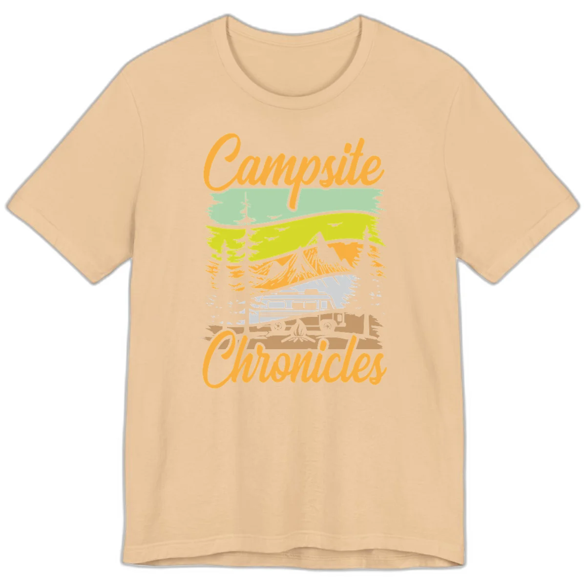 Retro layered landscape illustration with campsite chronicles camping van, mountains, forest, and campfire in warm earth tones. in Sand Dune