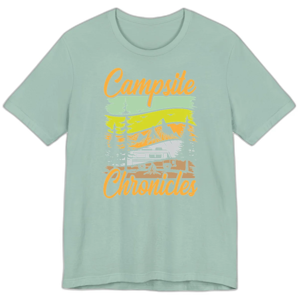 Retro layered landscape illustration with campsite chronicles camping van, mountains, forest, and campfire in warm earth tones. in Dusty Blue