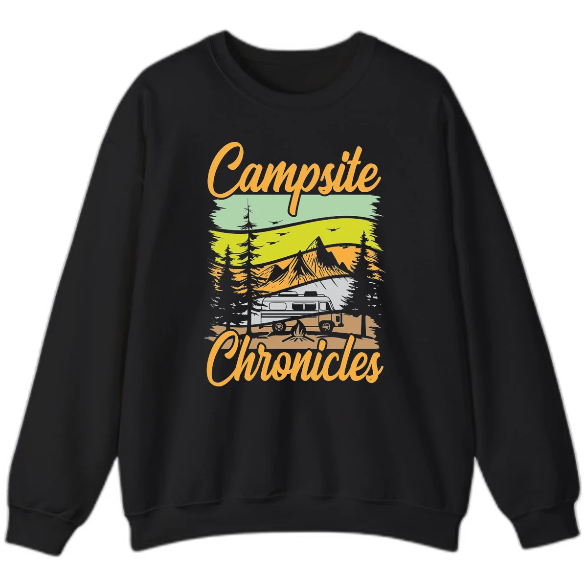 Retro layered landscape illustration with campsite chronicles camping van, mountains, forest, and campfire in warm earth tones. in Black