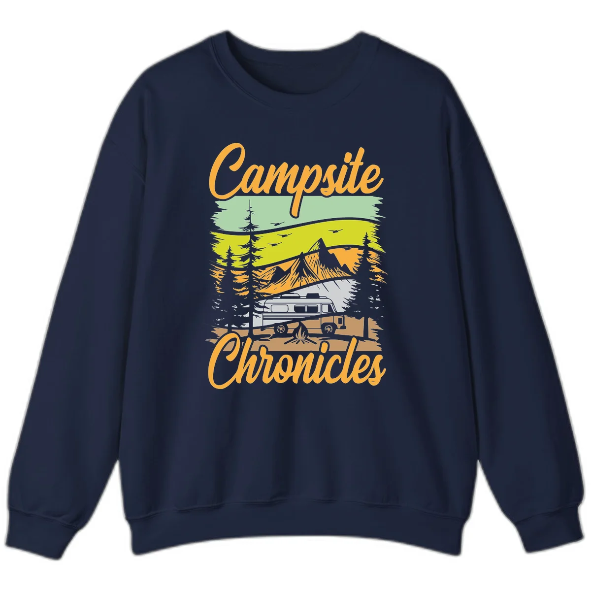 Retro layered landscape illustration with campsite chronicles camping van, mountains, forest, and campfire in warm earth tones. in Navy