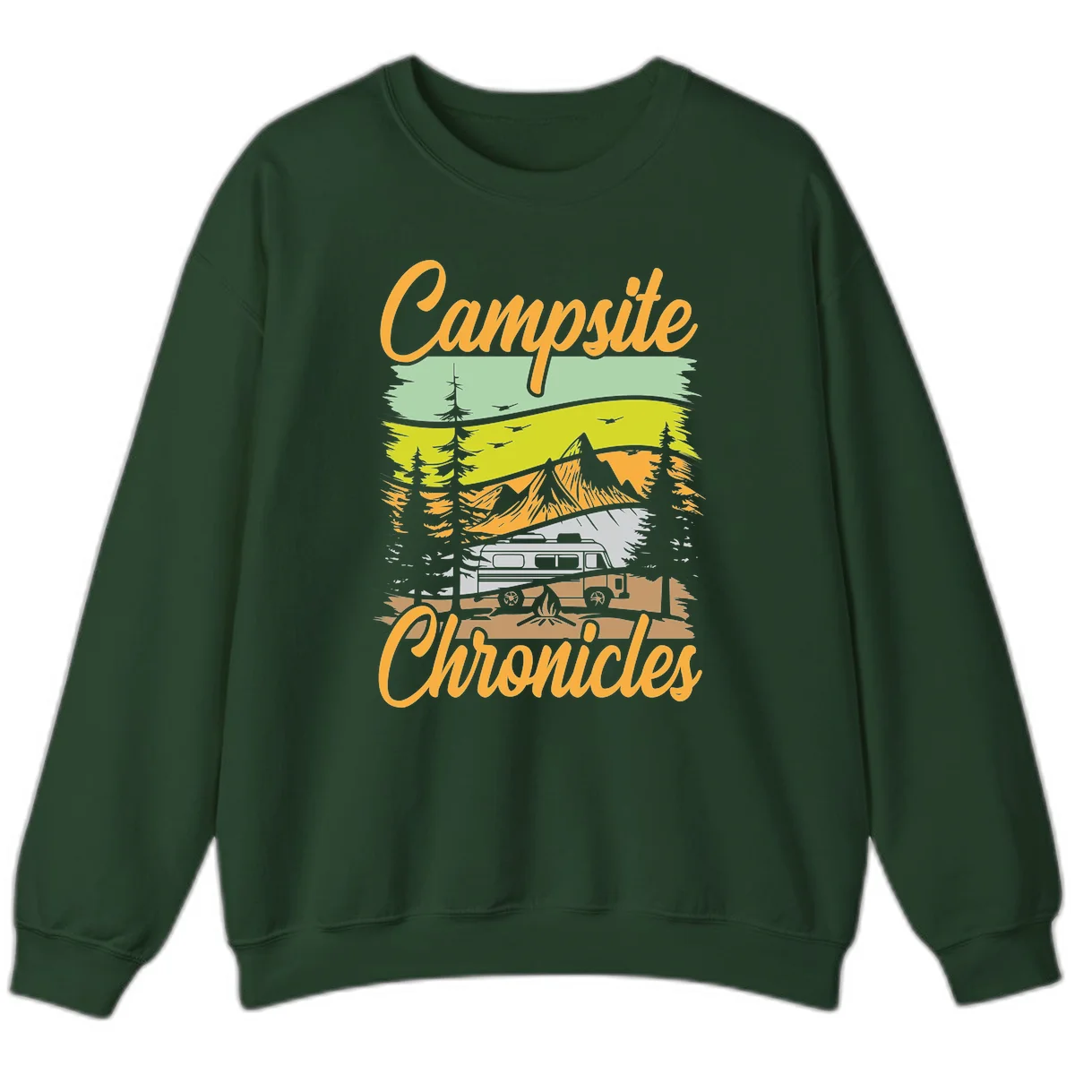 Retro layered landscape illustration with campsite chronicles camping van, mountains, forest, and campfire in warm earth tones. in Forest Green