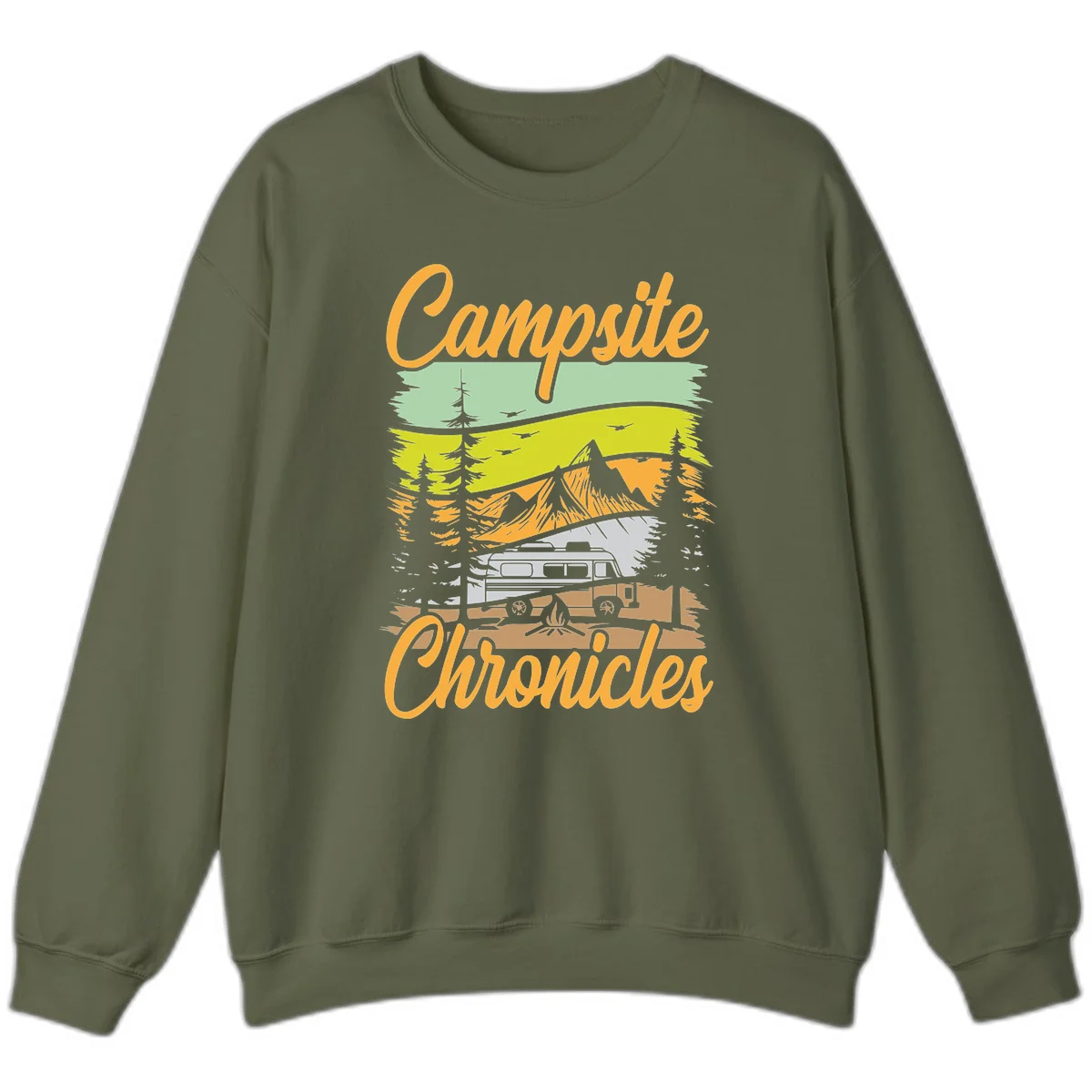 Retro layered landscape illustration with campsite chronicles camping van, mountains, forest, and campfire in warm earth tones. in Military Green