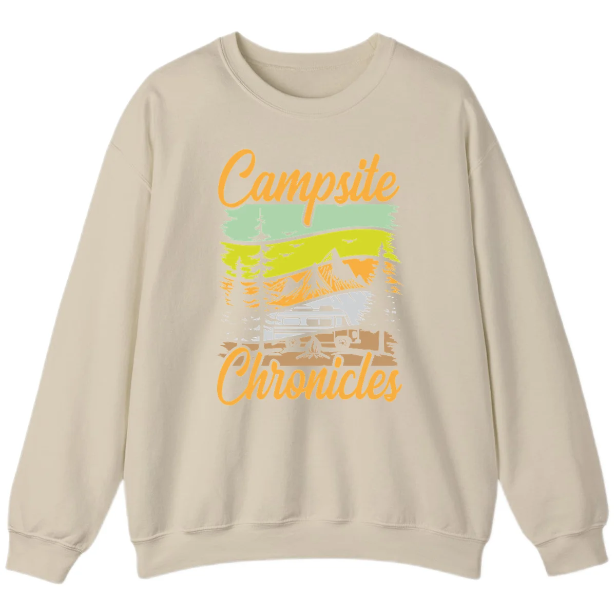 Retro layered landscape illustration with campsite chronicles camping van, mountains, forest, and campfire in warm earth tones. in Sand