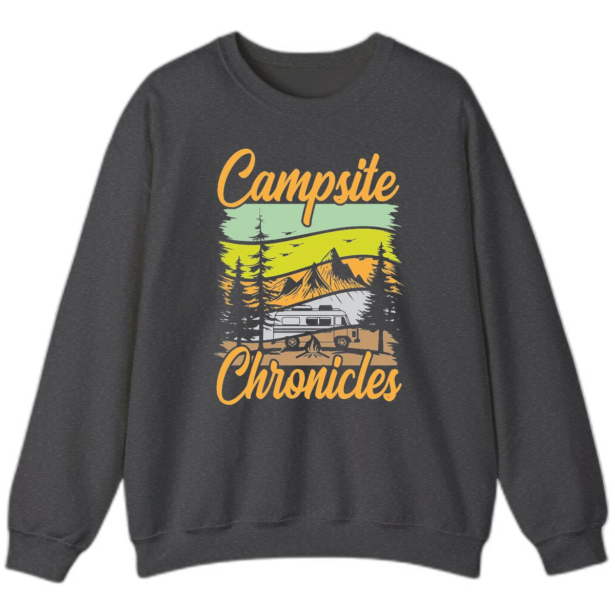 Retro layered landscape illustration with campsite chronicles camping van, mountains, forest, and campfire in warm earth tones. in Dark Heather