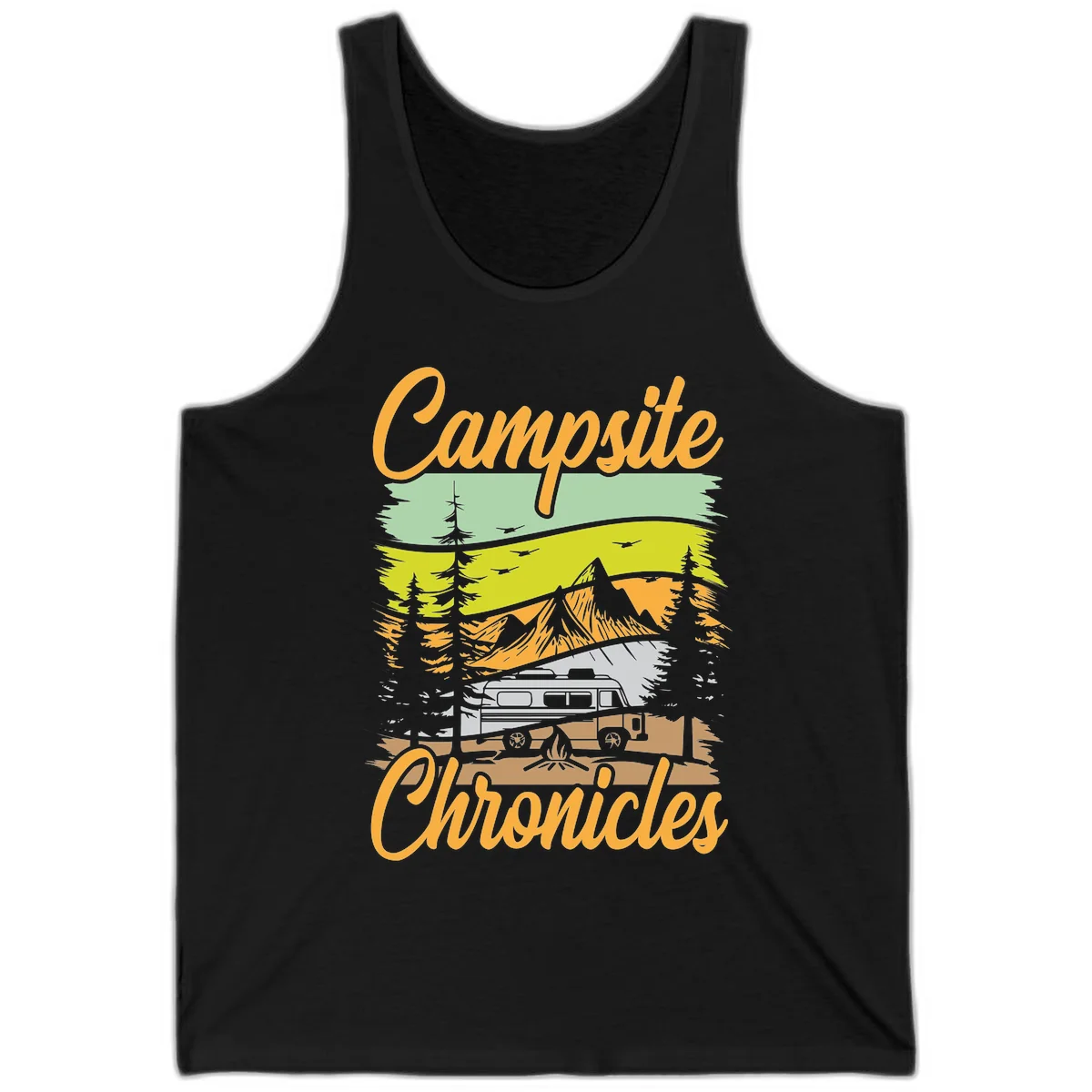 Retro layered landscape illustration with campsite chronicles camping van, mountains, forest, and campfire in warm earth tones. in Black