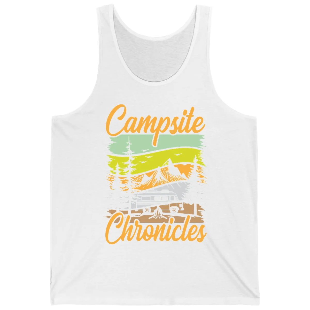 Retro layered landscape illustration with campsite chronicles camping van, mountains, forest, and campfire in warm earth tones. in White