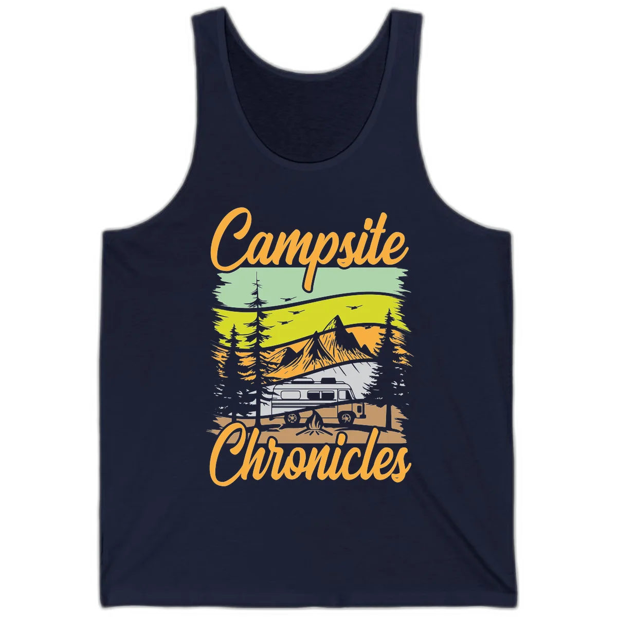 Retro layered landscape illustration with campsite chronicles camping van, mountains, forest, and campfire in warm earth tones. in Navy