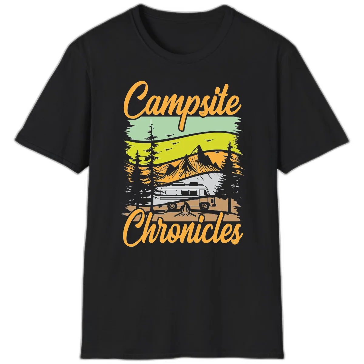 Retro layered landscape illustration with campsite chronicles camping van, mountains, forest, and campfire in warm earth tones. in Black