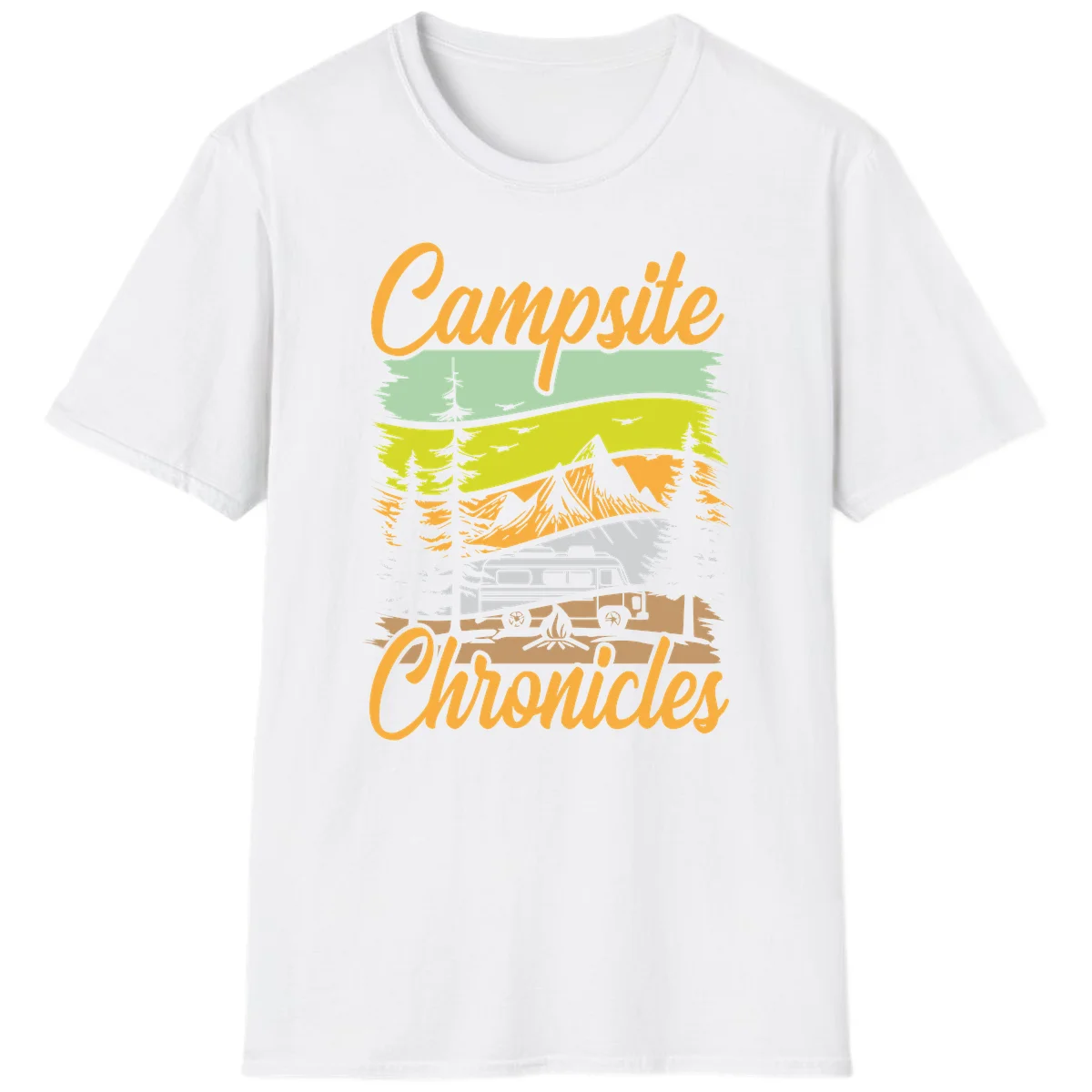 Retro layered landscape illustration with campsite chronicles camping van, mountains, forest, and campfire in warm earth tones. in White