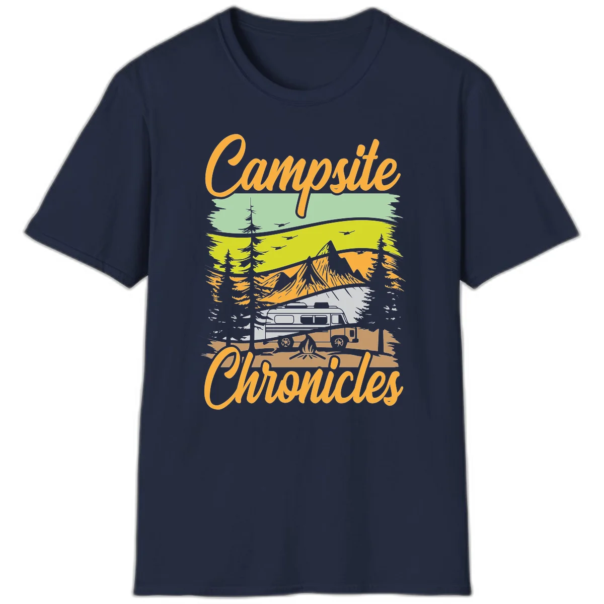 Retro layered landscape illustration with campsite chronicles camping van, mountains, forest, and campfire in warm earth tones. in Navy