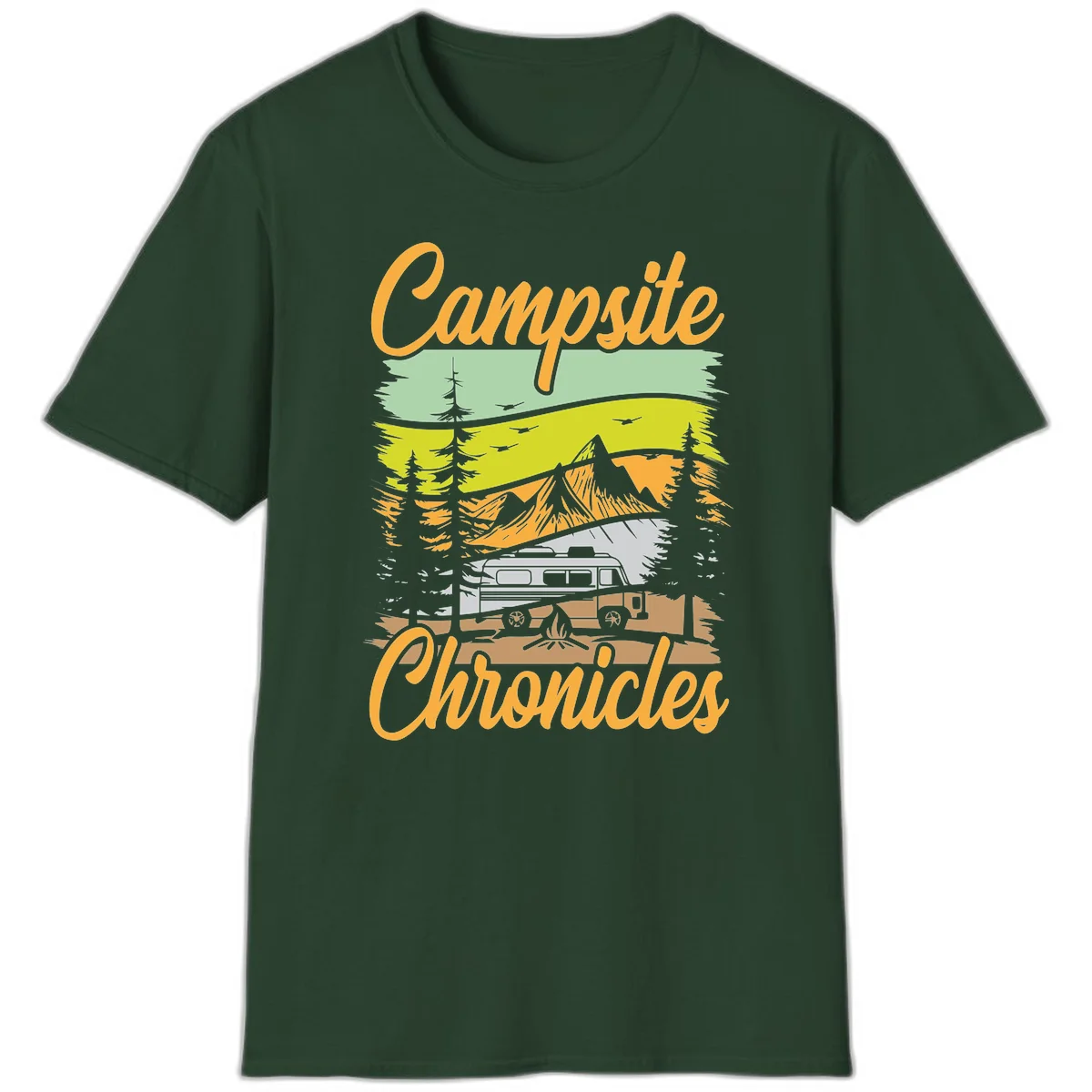 Retro layered landscape illustration with campsite chronicles camping van, mountains, forest, and campfire in warm earth tones. in Forest Green