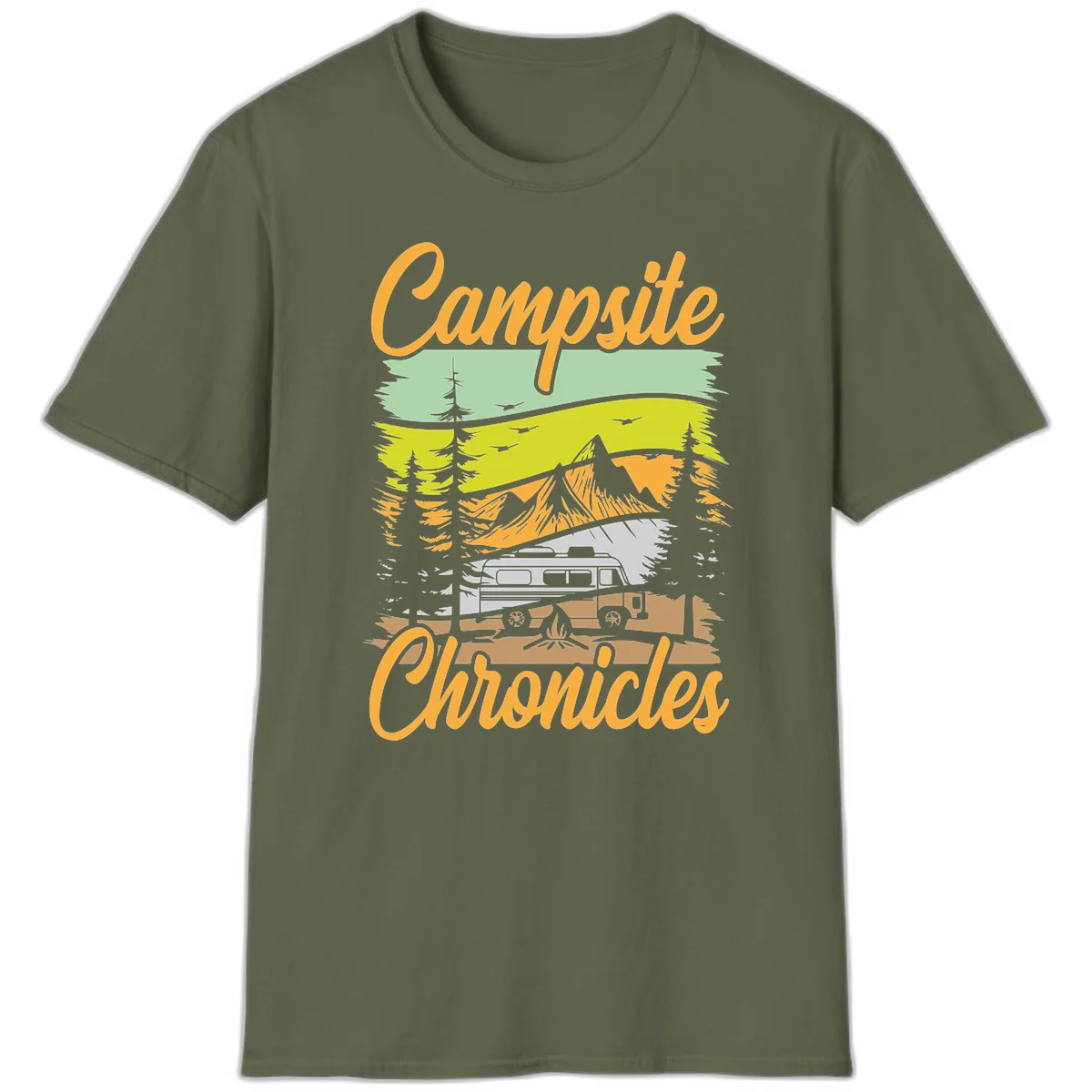 Retro layered landscape illustration with campsite chronicles camping van, mountains, forest, and campfire in warm earth tones. in Military Green