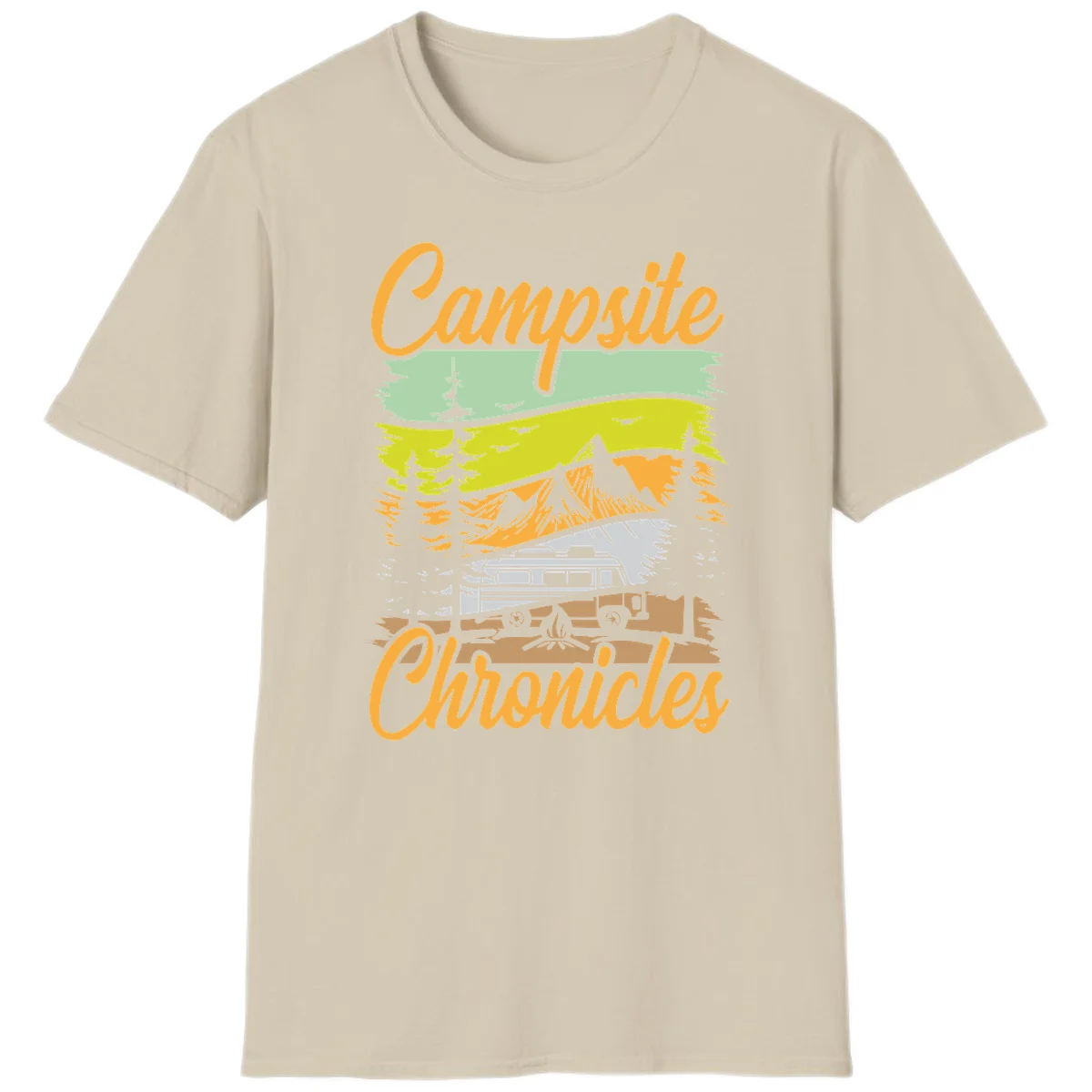Retro layered landscape illustration with campsite chronicles camping van, mountains, forest, and campfire in warm earth tones. in Sand