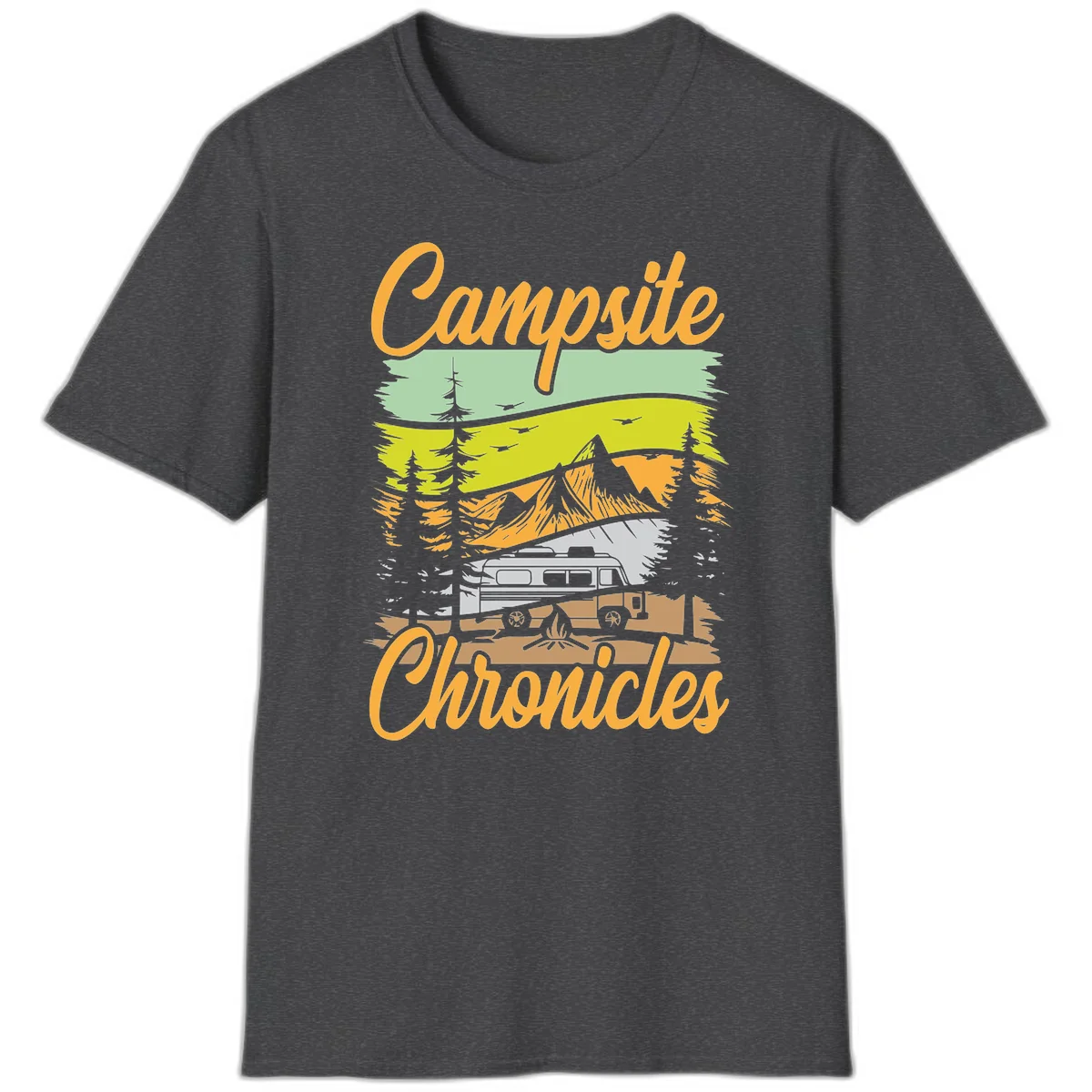 Retro layered landscape illustration with campsite chronicles camping van, mountains, forest, and campfire in warm earth tones. in Dark Heather