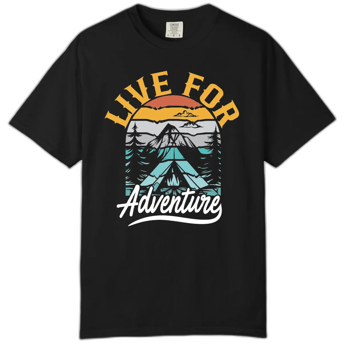 Live for adventure mountain landscape design with layered peaks, camping tent, forests, and golden sun rays. in Black
