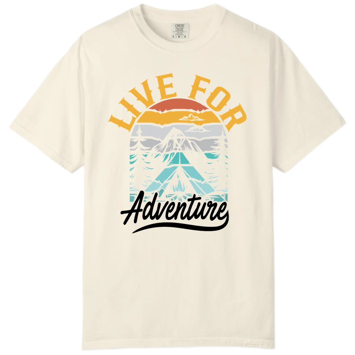Live for adventure mountain landscape design with layered peaks, camping tent, forests, and golden sun rays. in Ivory