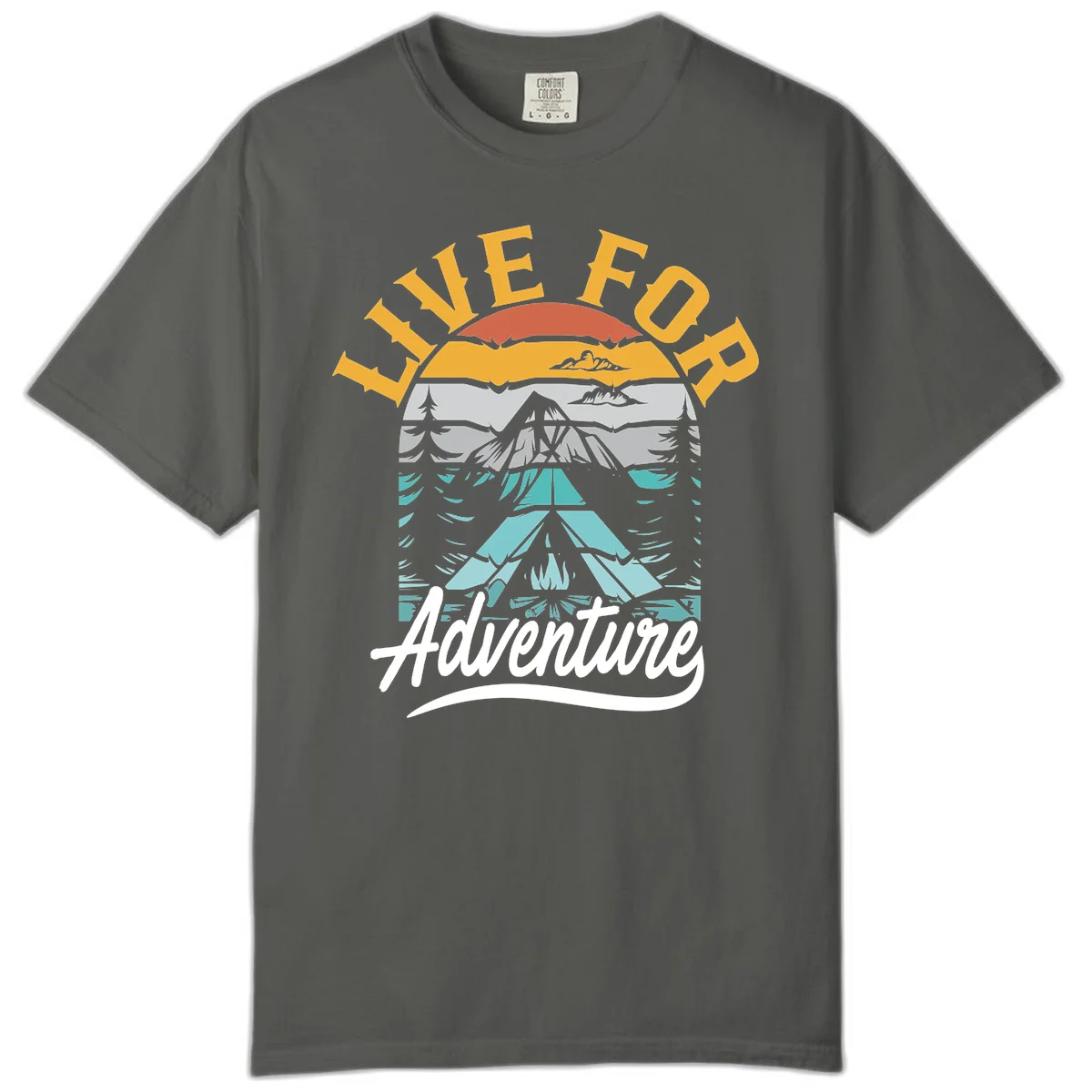 Live for adventure mountain landscape design with layered peaks, camping tent, forests, and golden sun rays. in Pepper