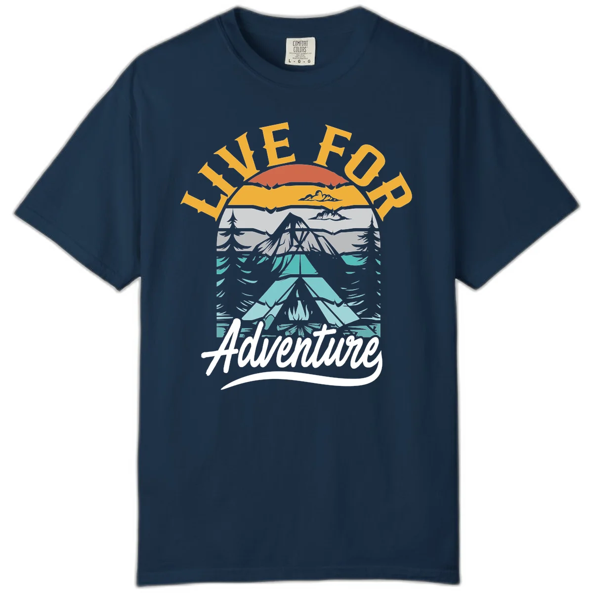 Live for adventure mountain landscape design with layered peaks, camping tent, forests, and golden sun rays. in True Navy
