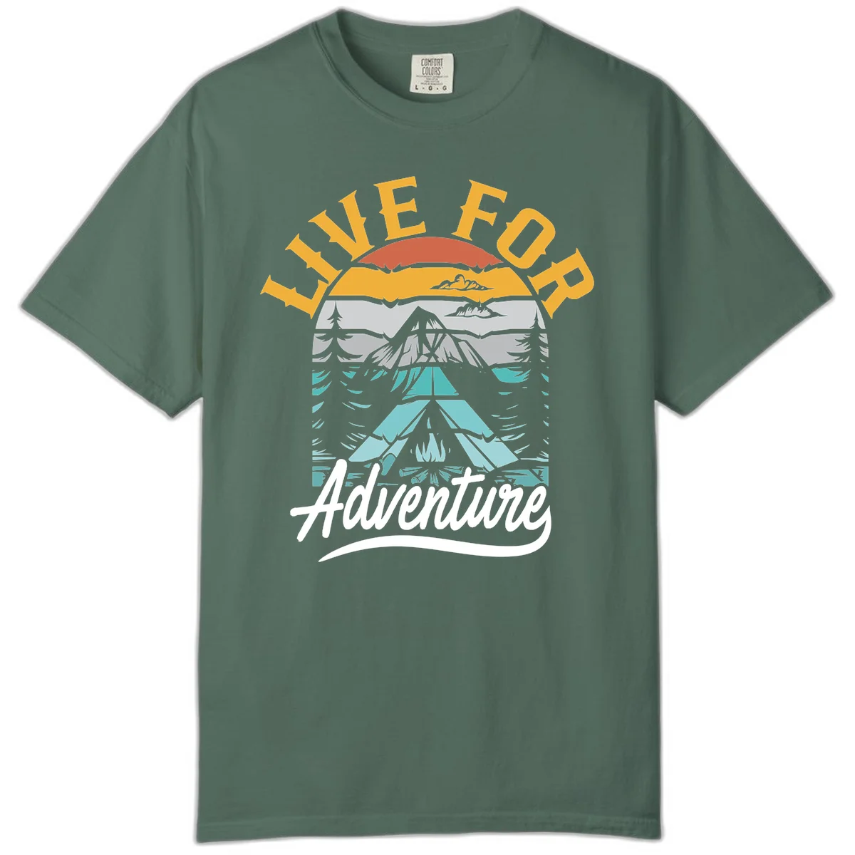 Live for adventure mountain landscape design with layered peaks, camping tent, forests, and golden sun rays. in Blue Spruce