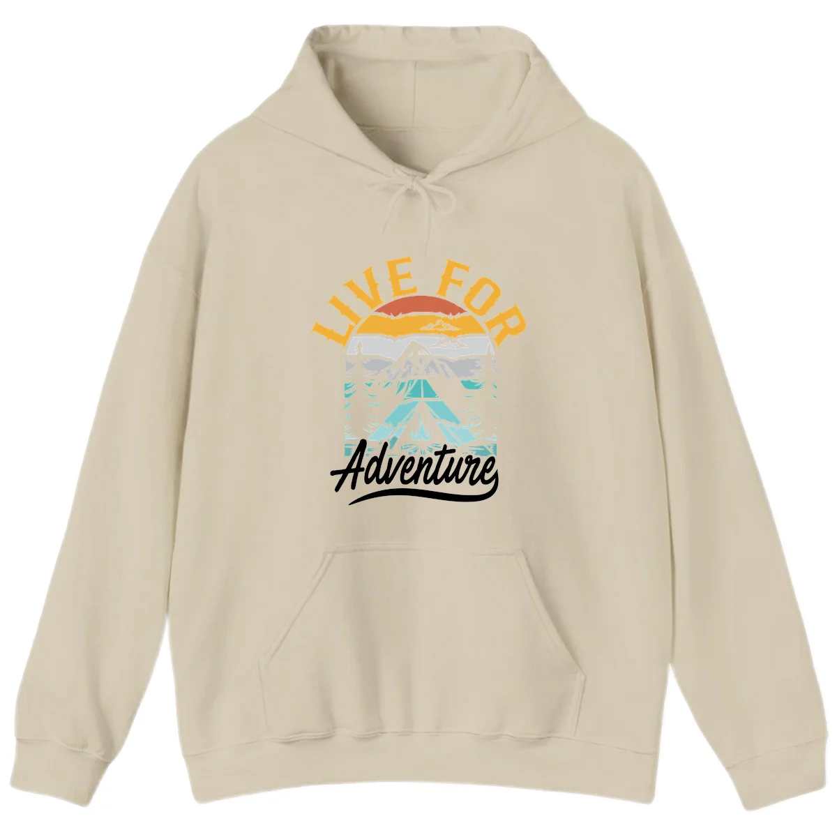 Live for adventure mountain landscape design with layered peaks, camping tent, forests, and golden sun rays. in Sand