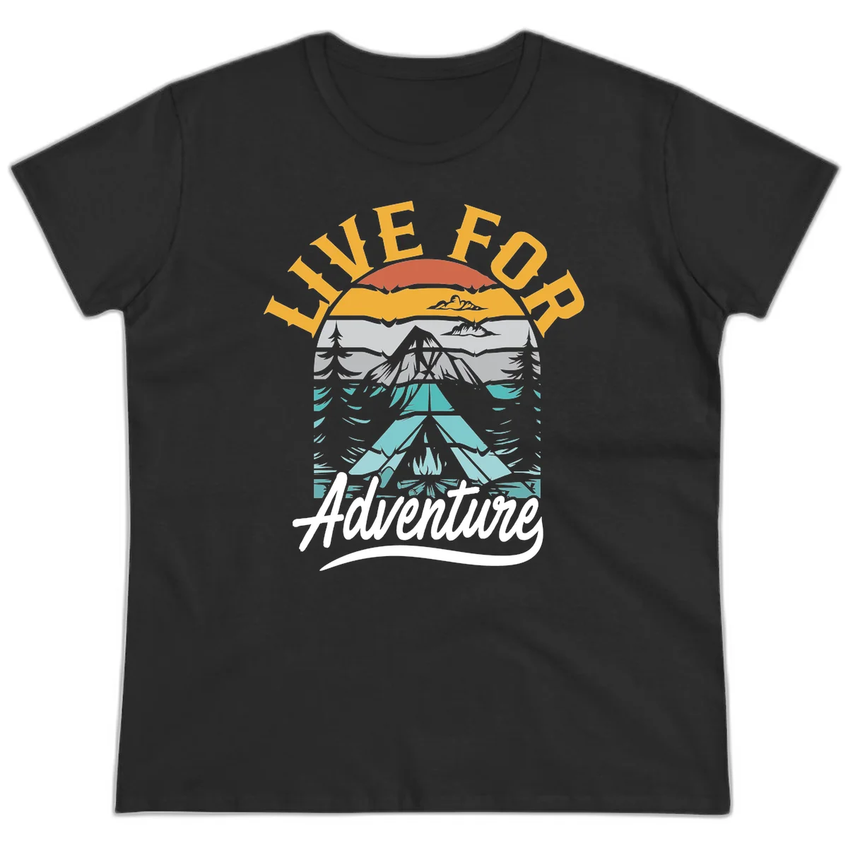Live for adventure mountain landscape design with layered peaks, camping tent, forests, and golden sun rays. in Black