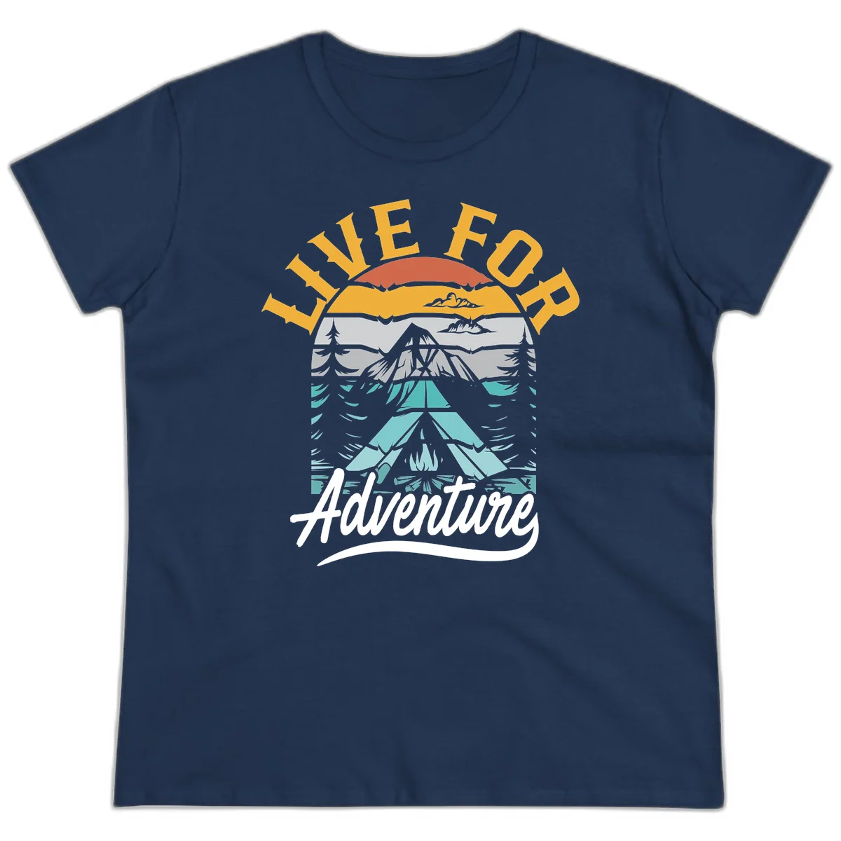 Live for adventure mountain landscape design with layered peaks, camping tent, forests, and golden sun rays. in Navy