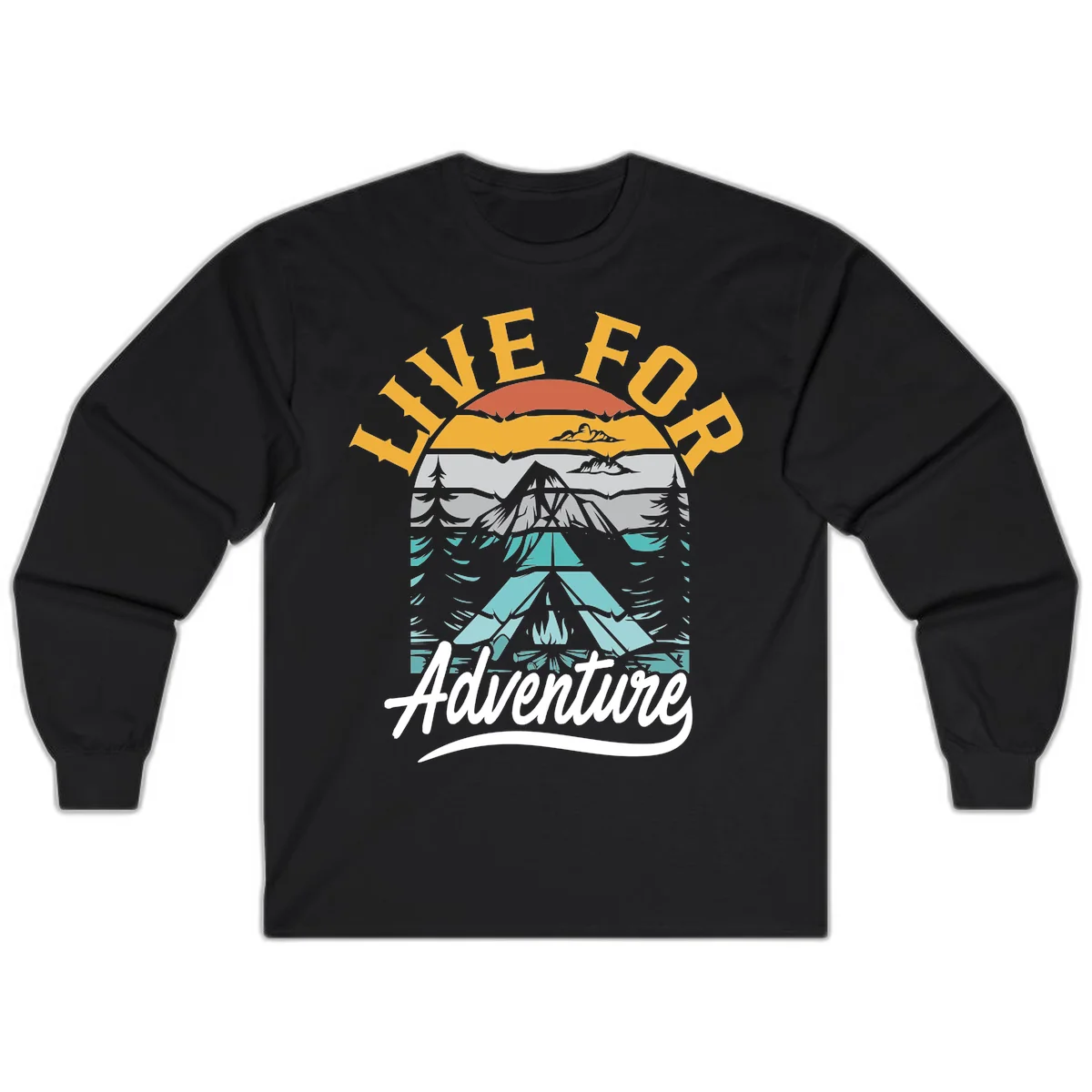 Live for adventure mountain landscape design with layered peaks, camping tent, forests, and golden sun rays. in Black